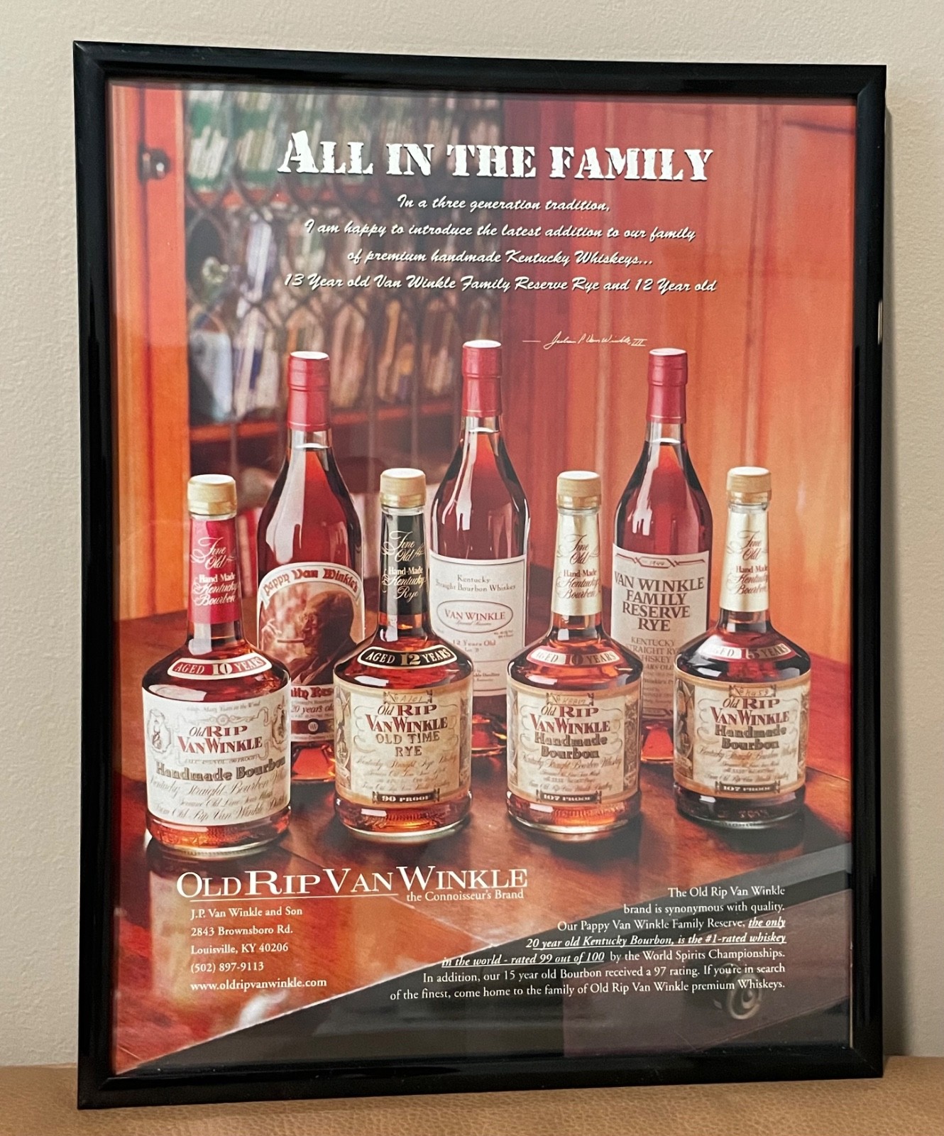 1999 Old Rip & Pappy Van Winkle Bourbon Whiskey original framed distillery Ad