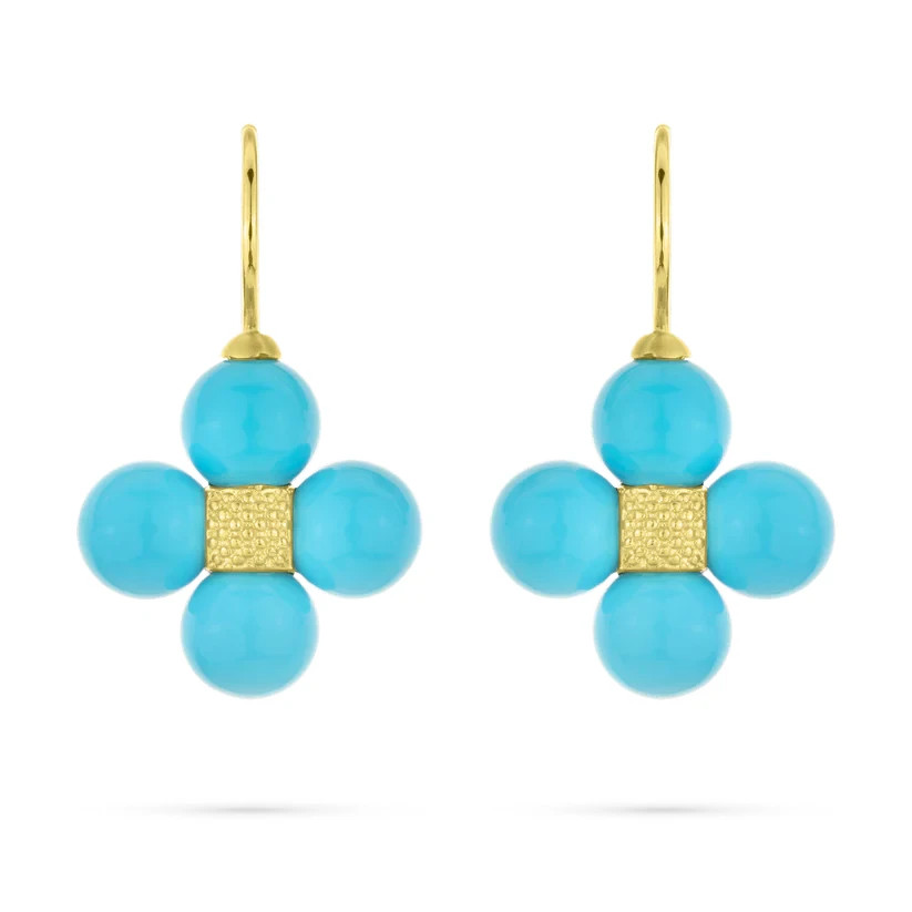 Round Cut Sleeping Beauty Turquoise Dangle/Drop Earring In 14k Yellow Gold Over
