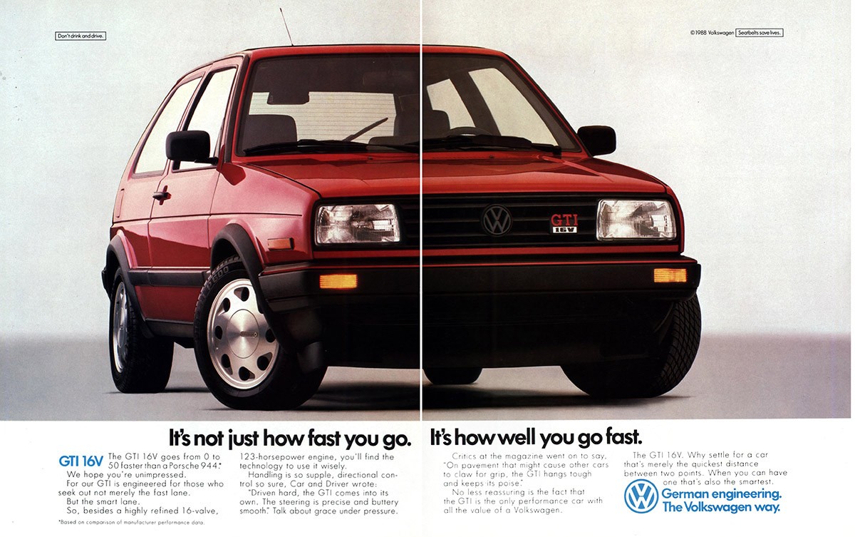 1988 Volkswagen GTI 16V: Not Just How Fast You Go Vintage Print Ad