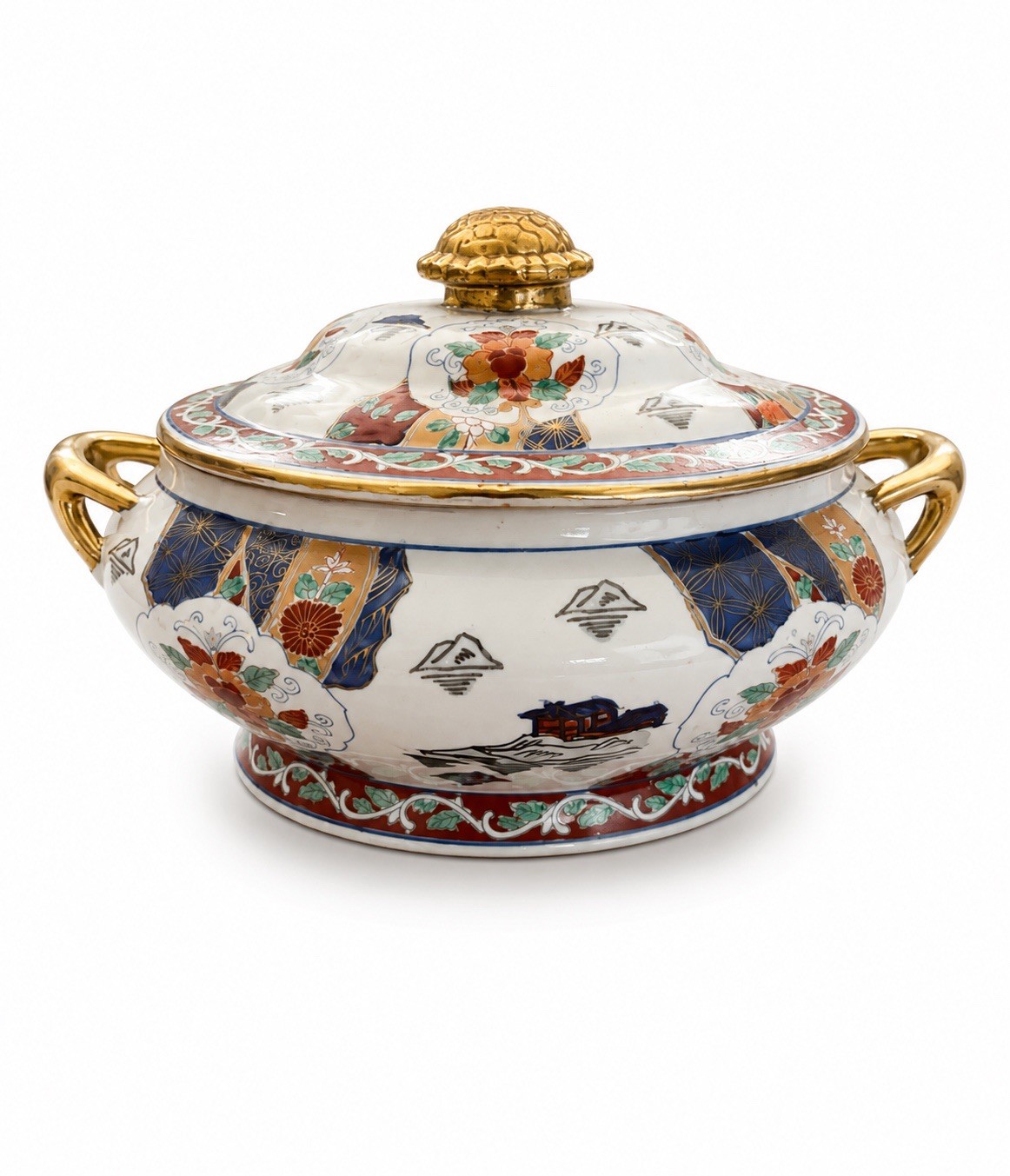 Vintage Oval Lidded Japanese Imari Tureen With Gold Accents Blue Orange