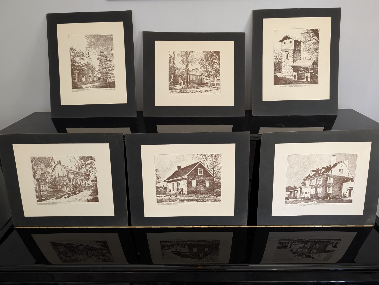 Vintage Historic Prints of Bergen County NJ, Brown and White, Matted set of 6