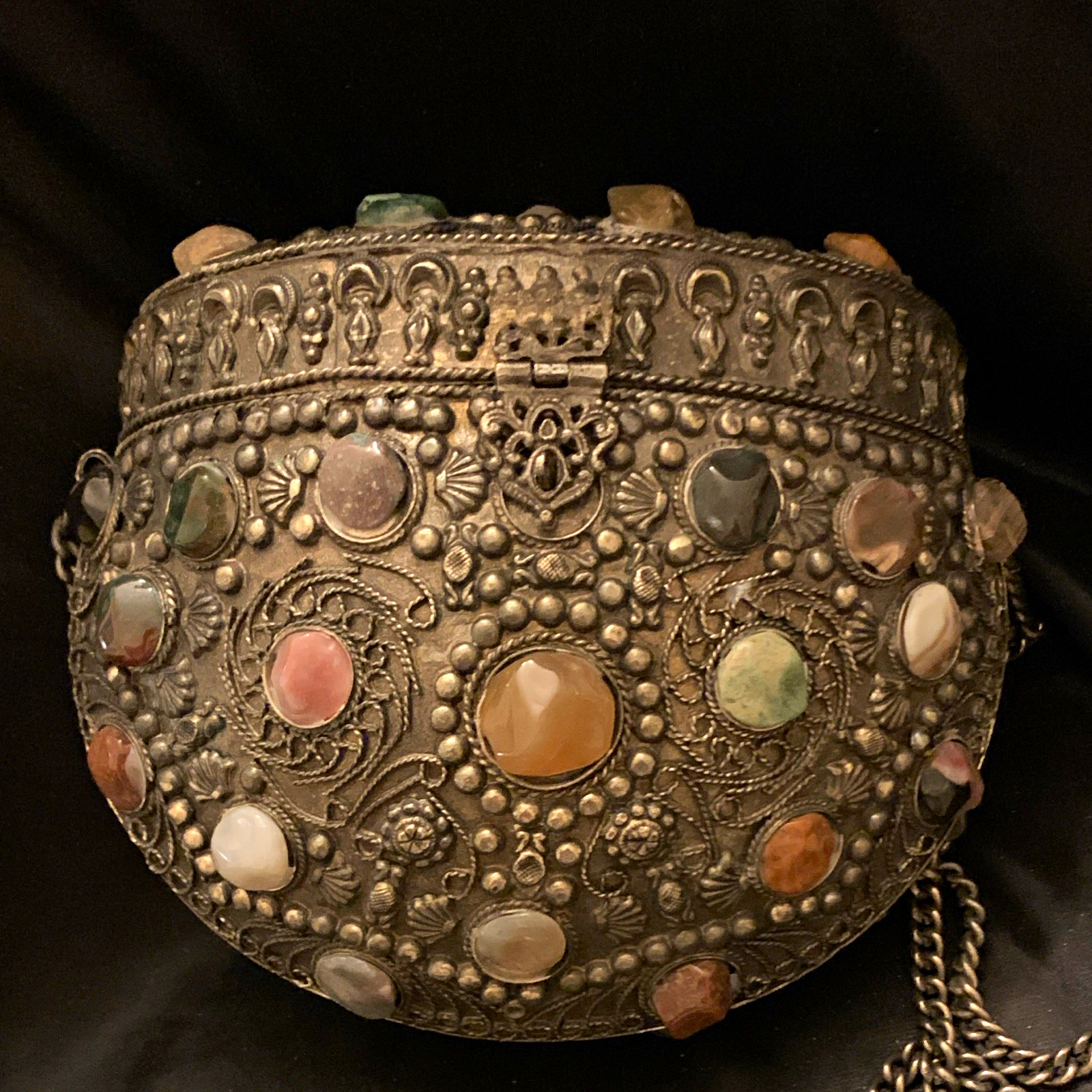 Ornate Oval Metal Purse, Lidded Latch Closure, Silver w/ Multicolor Stones