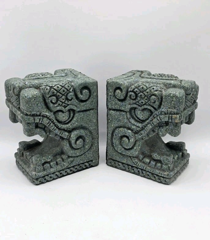 VTG MidCentury Zarebski Stone Mesoamerican Aztec Mayan Jaguar Bookends.