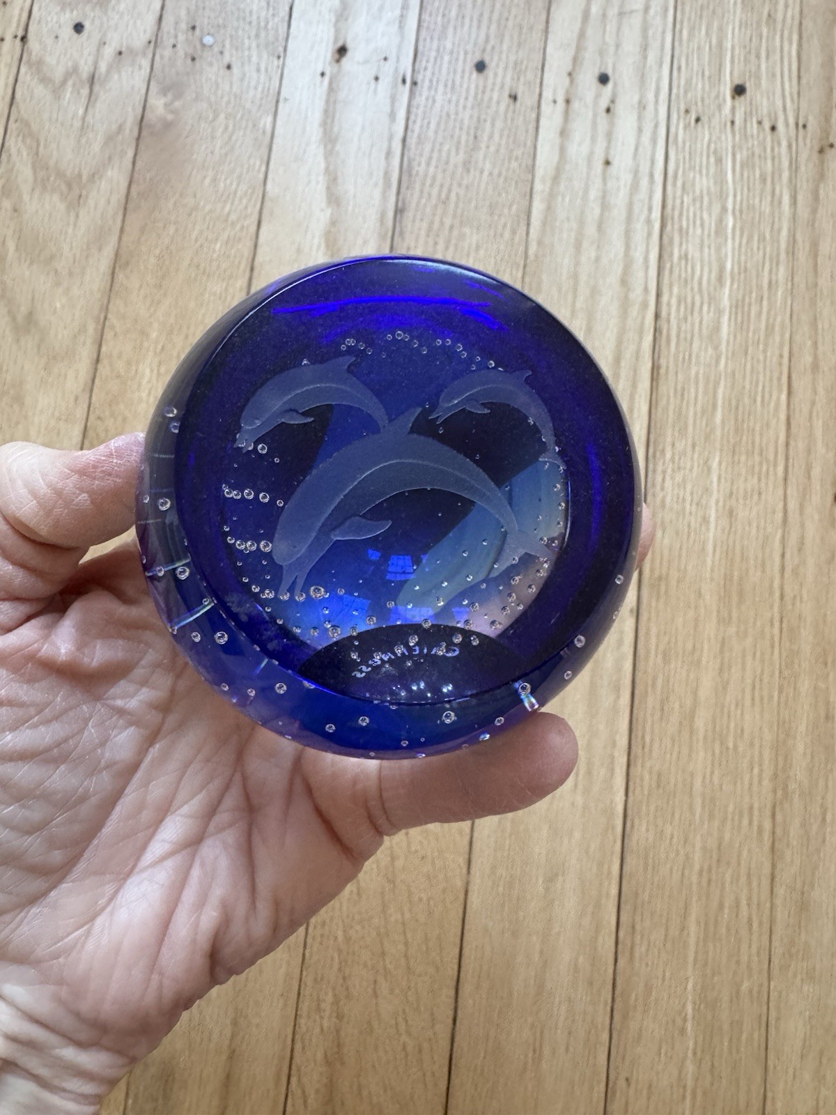 Rare Caithness Scotland Glass Paperweight Blue Bubbles & Jumping Dolphins VGC