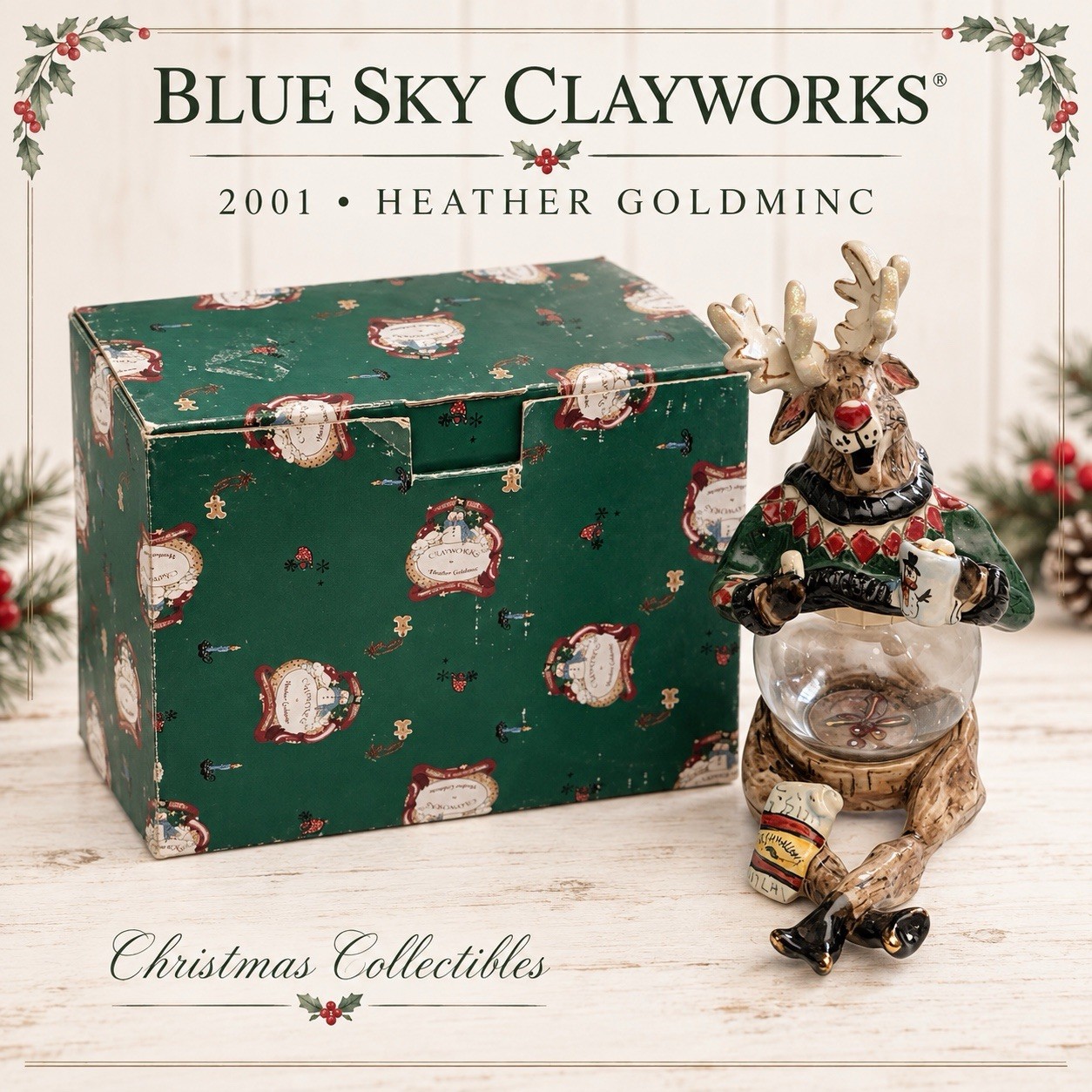 Blue Sky Clayworks 2001 Heather Goldminc Reindeer Hot Coco Snow Globe W/Box