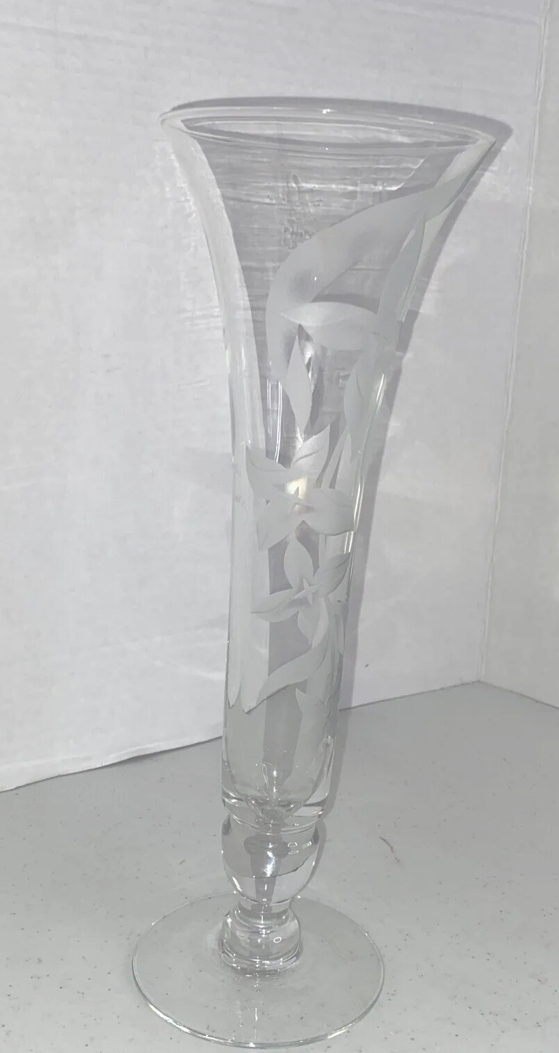 Franz Grosz Signed Etched Floral Vase, clear