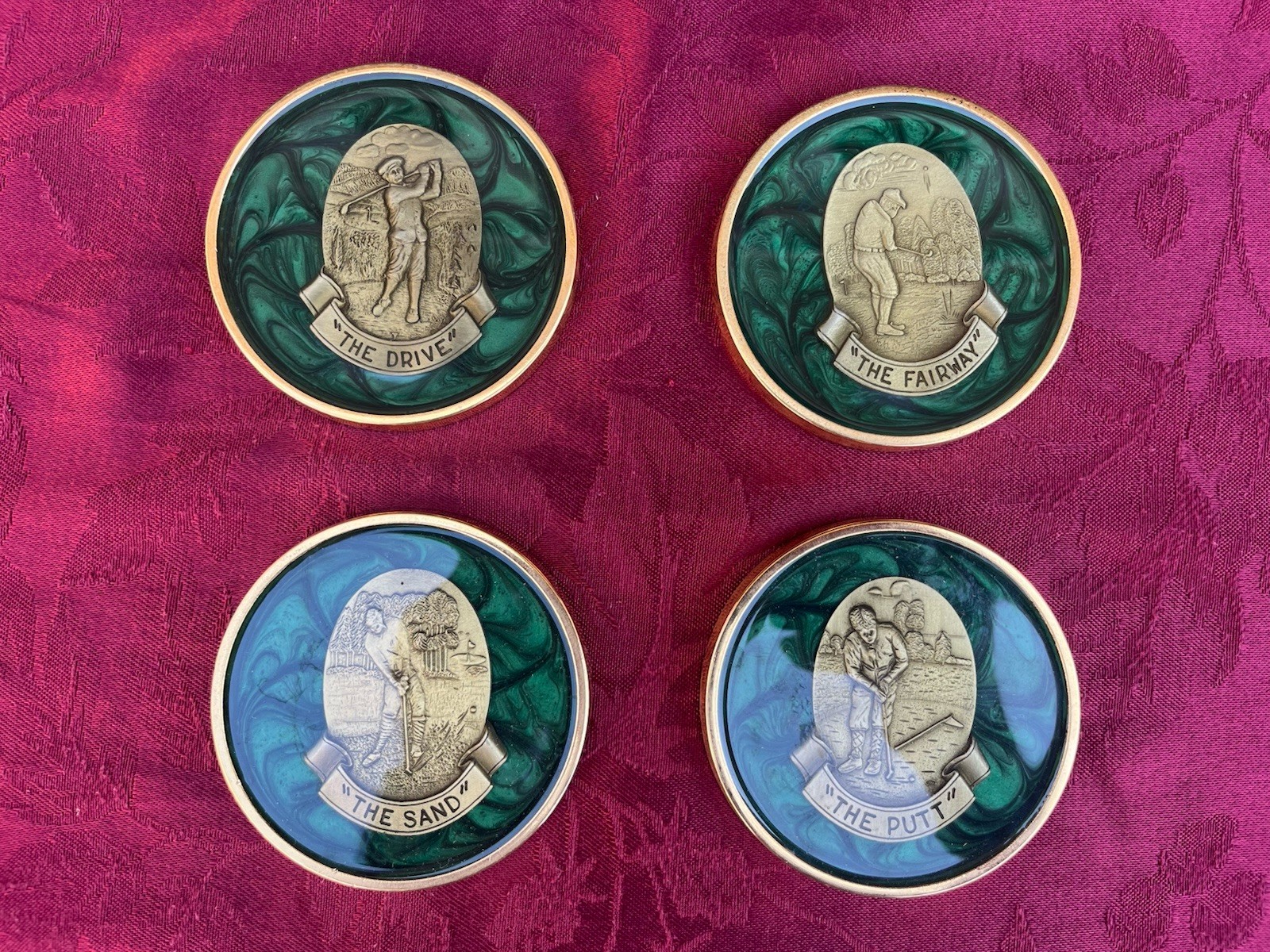 SET 4 VINTAGE 1970\'S GOLF COASTERS, LACQUER & BRASS