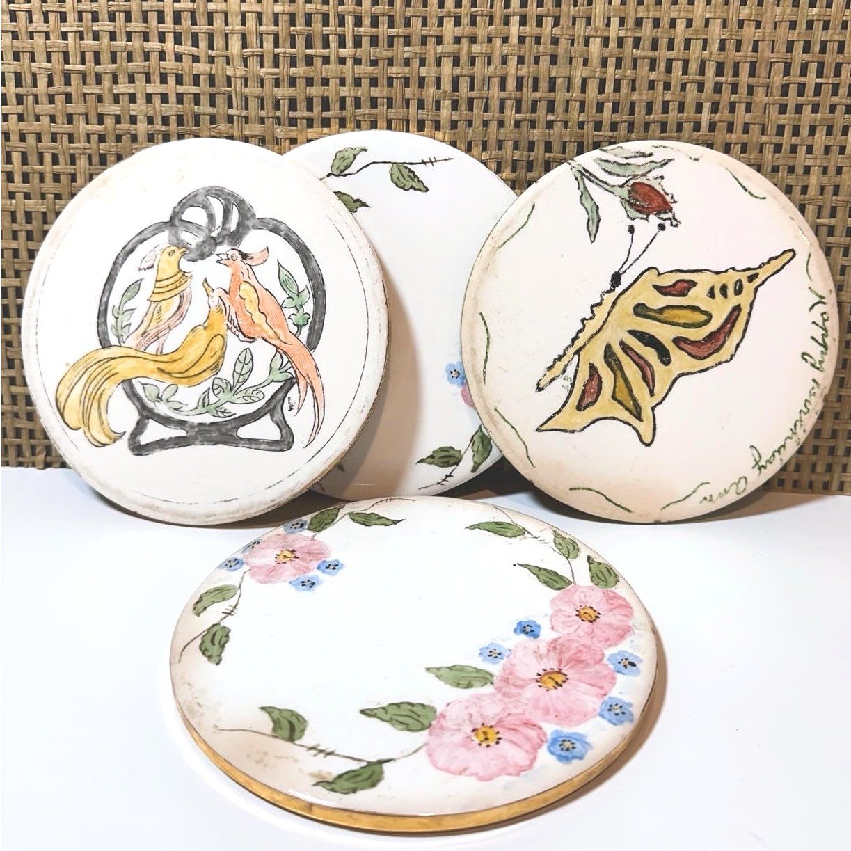 Vintage Antique Ceramic Trivets Wheeling Round Floral Hand-painted Cottage Decor Vintage Antique Ceramic Trivets Wheeling Round Floral Hand-painted Cottage Decor