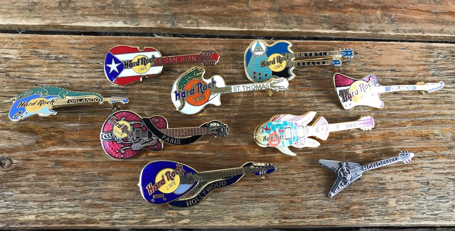 Vintage Hard Rock Cafe Guitar Pins Lot Of 9