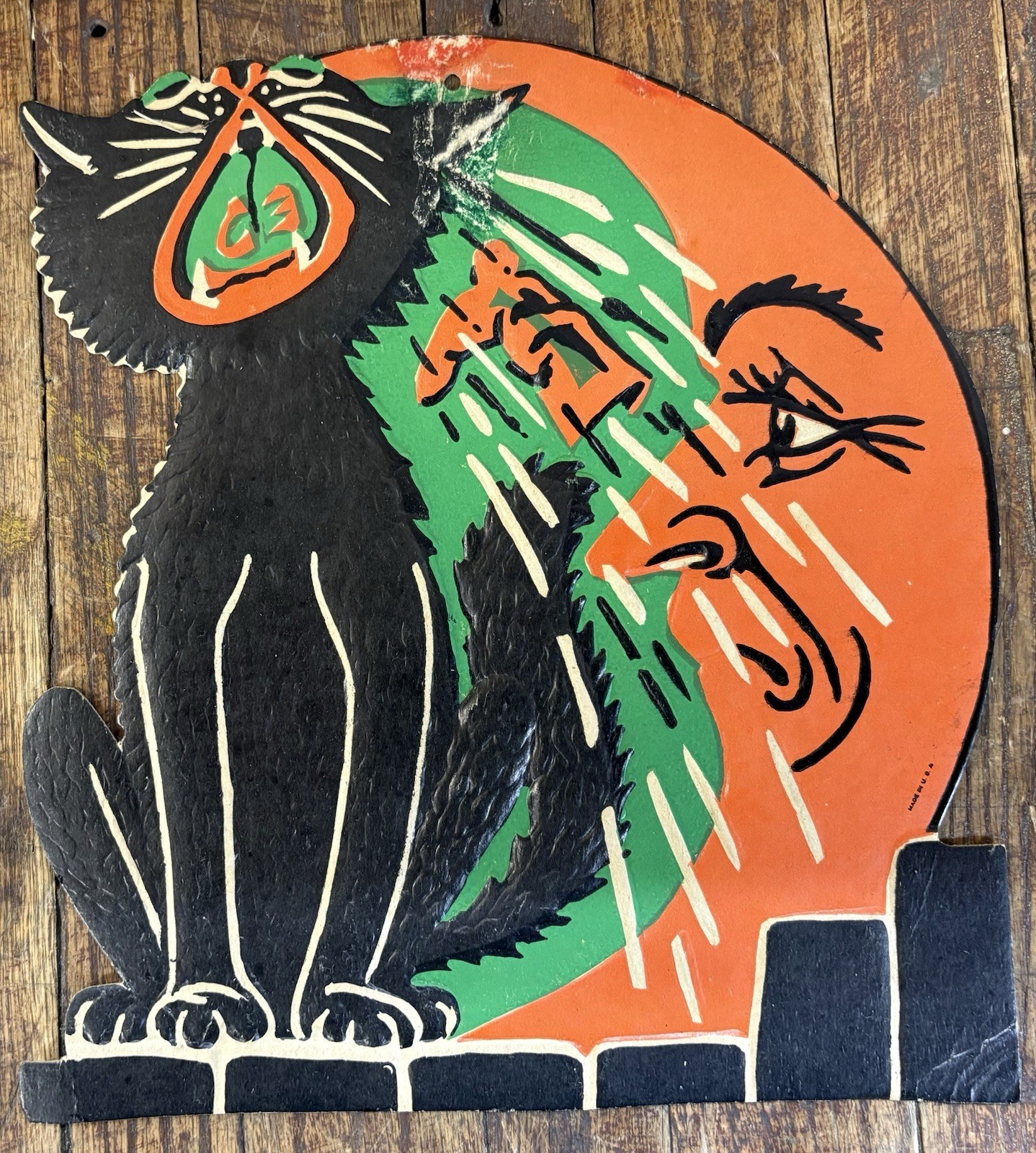 Vintage 1930s Beistle Crying Cat and Moon embossed Halloween die cut made in USA