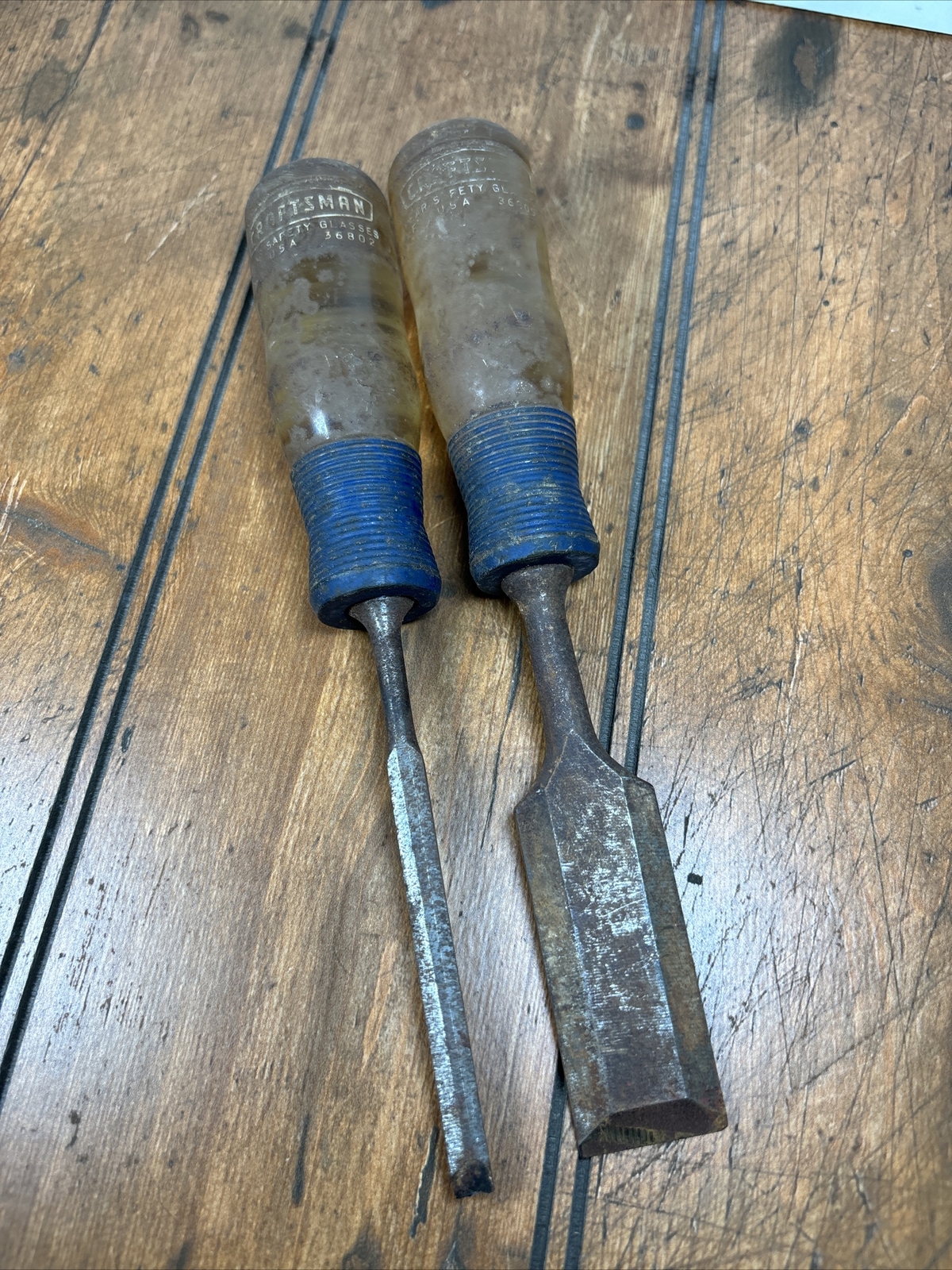 Vintage Crown CRAFTSMAN Woodworking BEVEL EDGE Chisels 36805 36802 USA