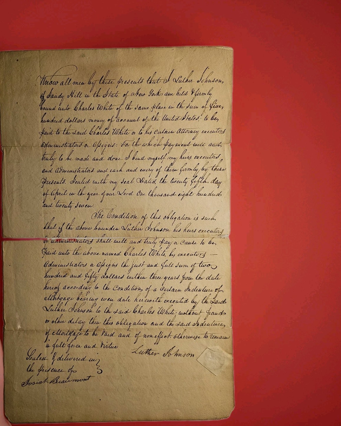 1827 Sandy Hill NY Mortgage Bond Luther Johnson Charles White Masonic Hudson