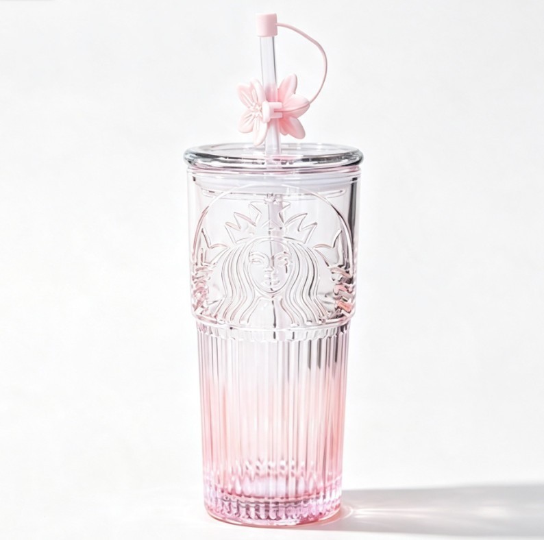 Starbucks 18.6oz Pink Gradient Glass Tumbler Embossed Siren Logo Sakura Topper