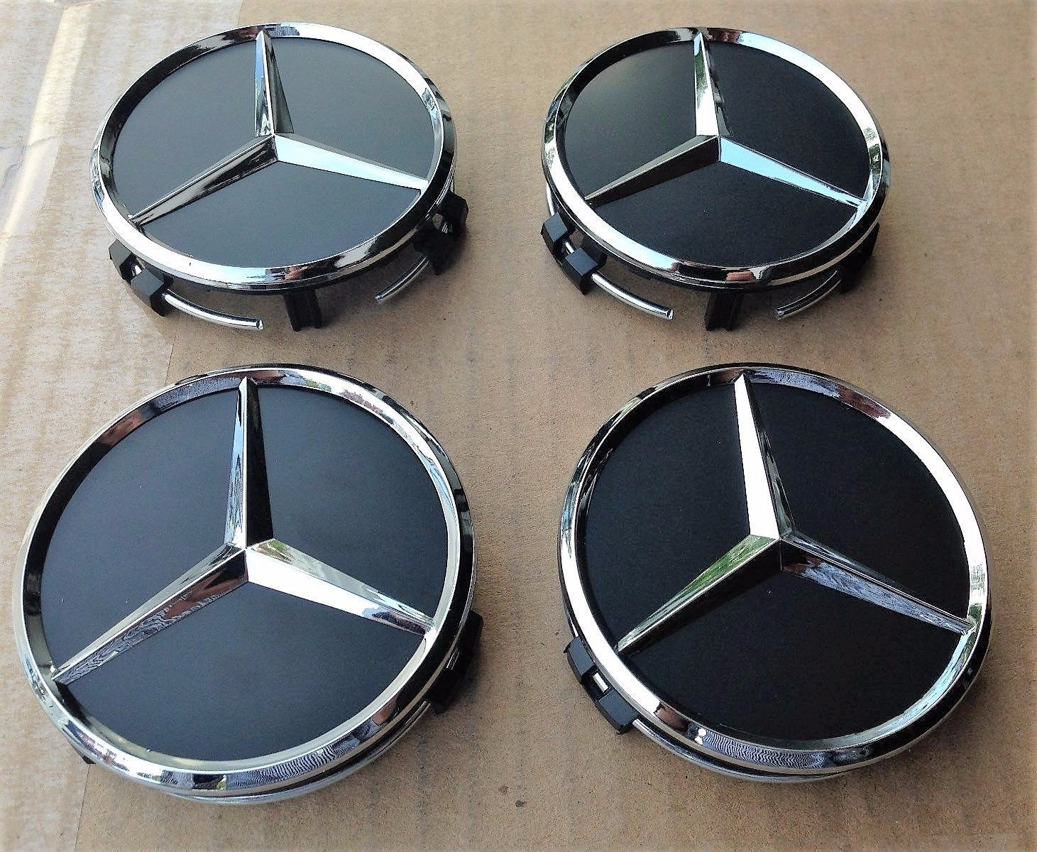 4x Mercedes Black Alloy Wheel Centre Hub Caps 75mm SET C E S M Class CLA GLA