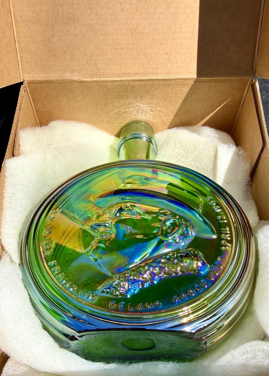 Vintage WHEATON CARNIVAL GLASS Green Bottle Franklin D Roosevelt Decanter W Box