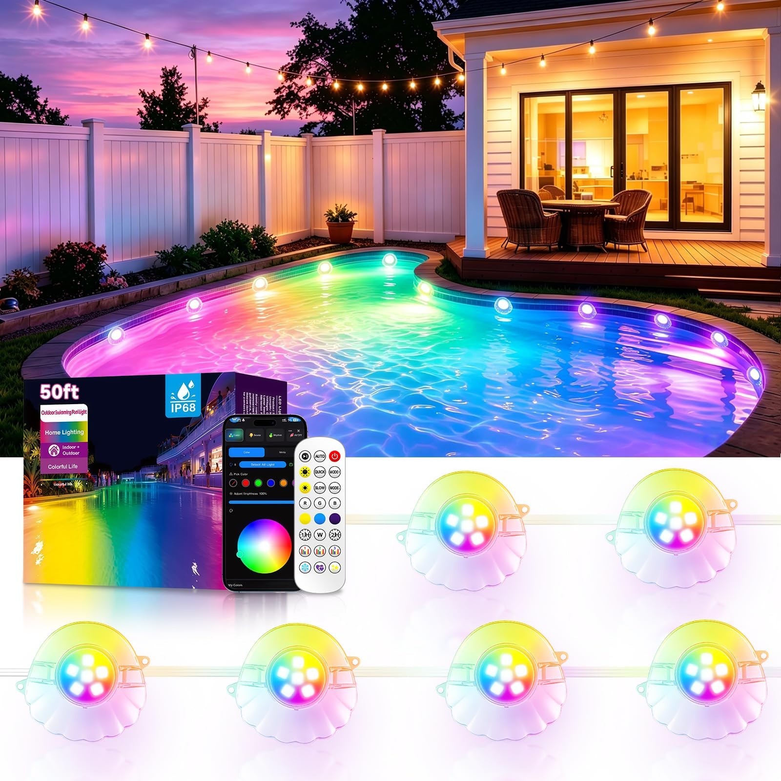 50FT RGB Pool Lights for Inground & Above Ground Pools, Plug-in 8 Shell Pool LED
