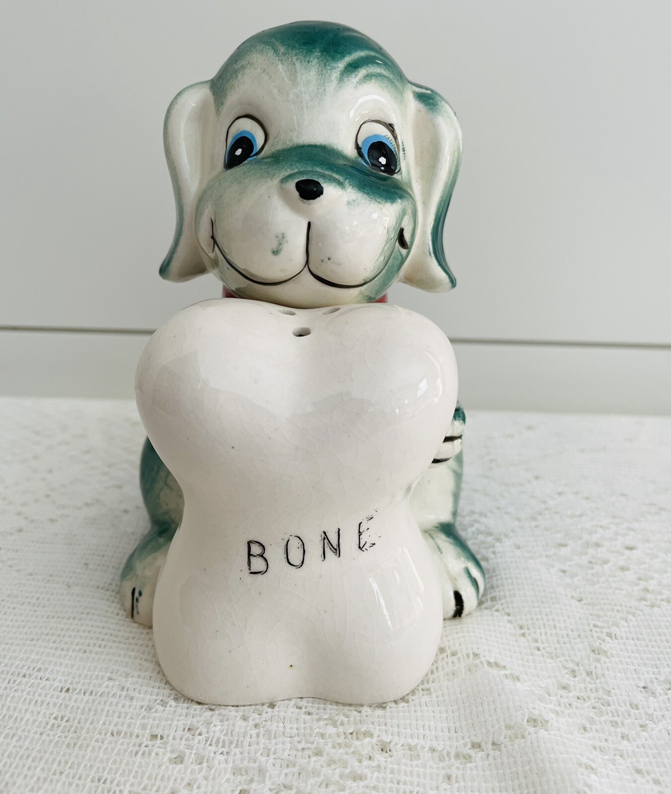 Vintage Figural Salt And Pepper Shakers Green Dog Holding White Bone Made Japan