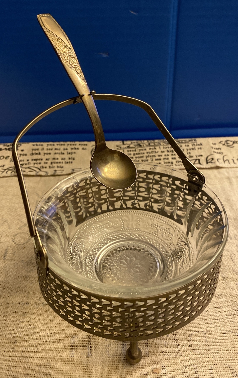 Sugar Bowl Silver Plated Stand w/ Swivel Handle+Spoon+Ornamental Bowl 4.5”x2.75”