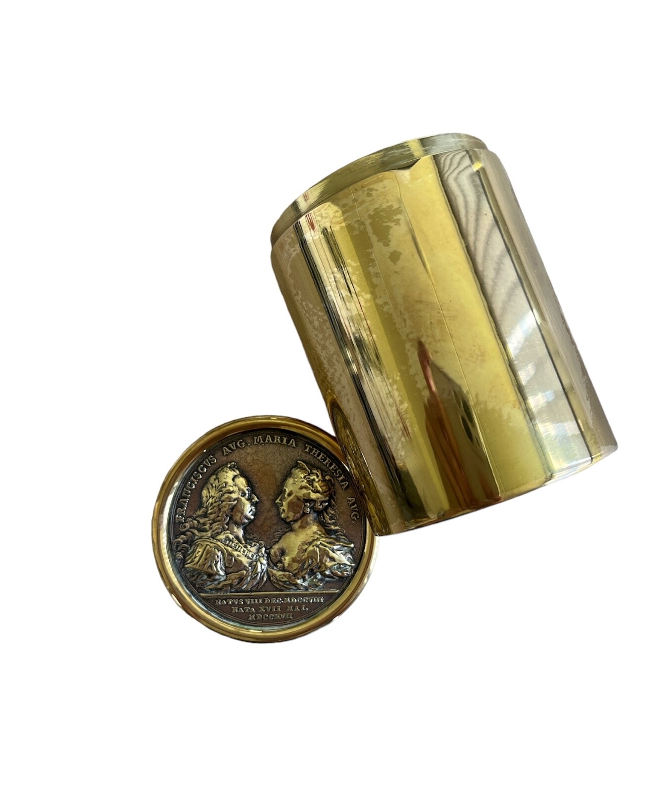 Rare 1759 medal Cylindrical brass box by Carl Auböck Aubock 1950s