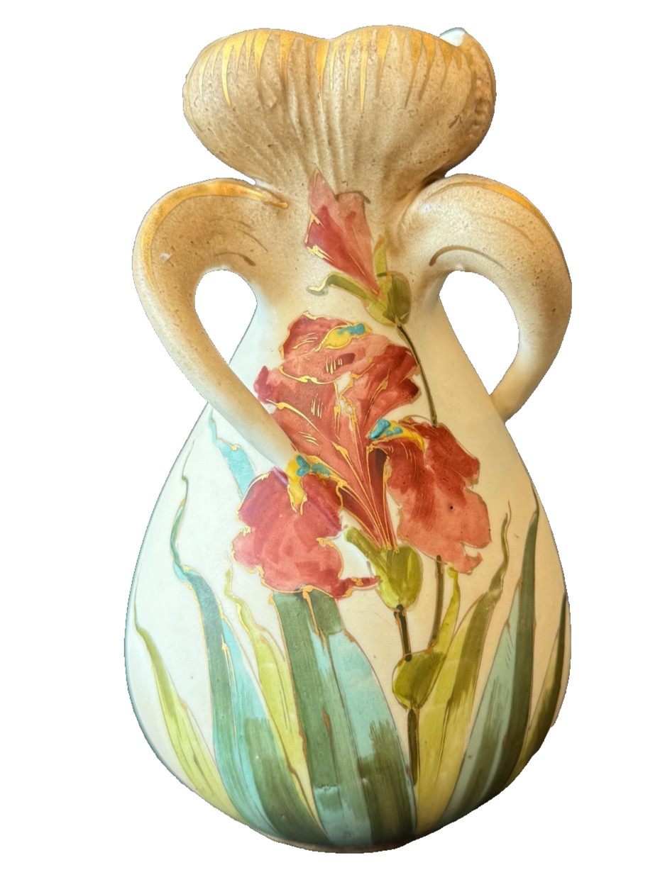 Antique Amphora Austria Art Nouveau Vase Iris Design Trefoil Handles 7 Antique Amphora Austria Art Nouveau Vase Iris Design Trefoil Handles 7