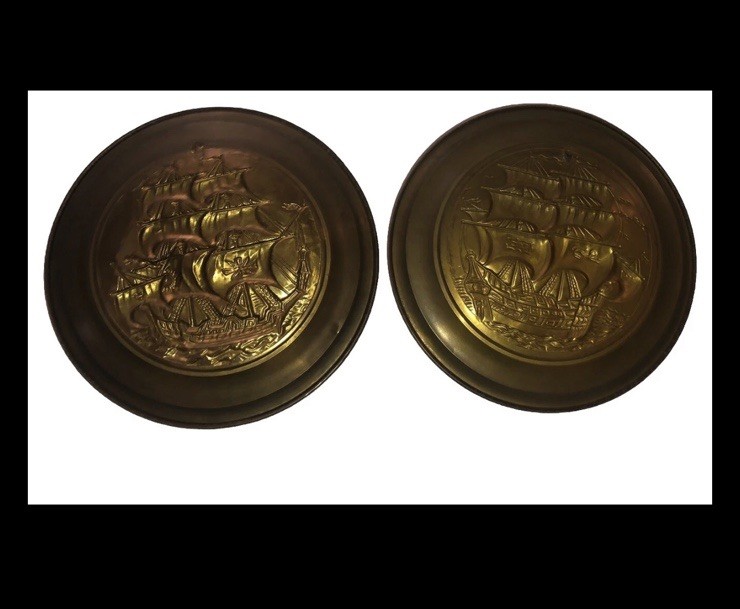 2 nice Vintage 16” Brass Hanging Trays Round 3D Clipper Pirate Ships England 