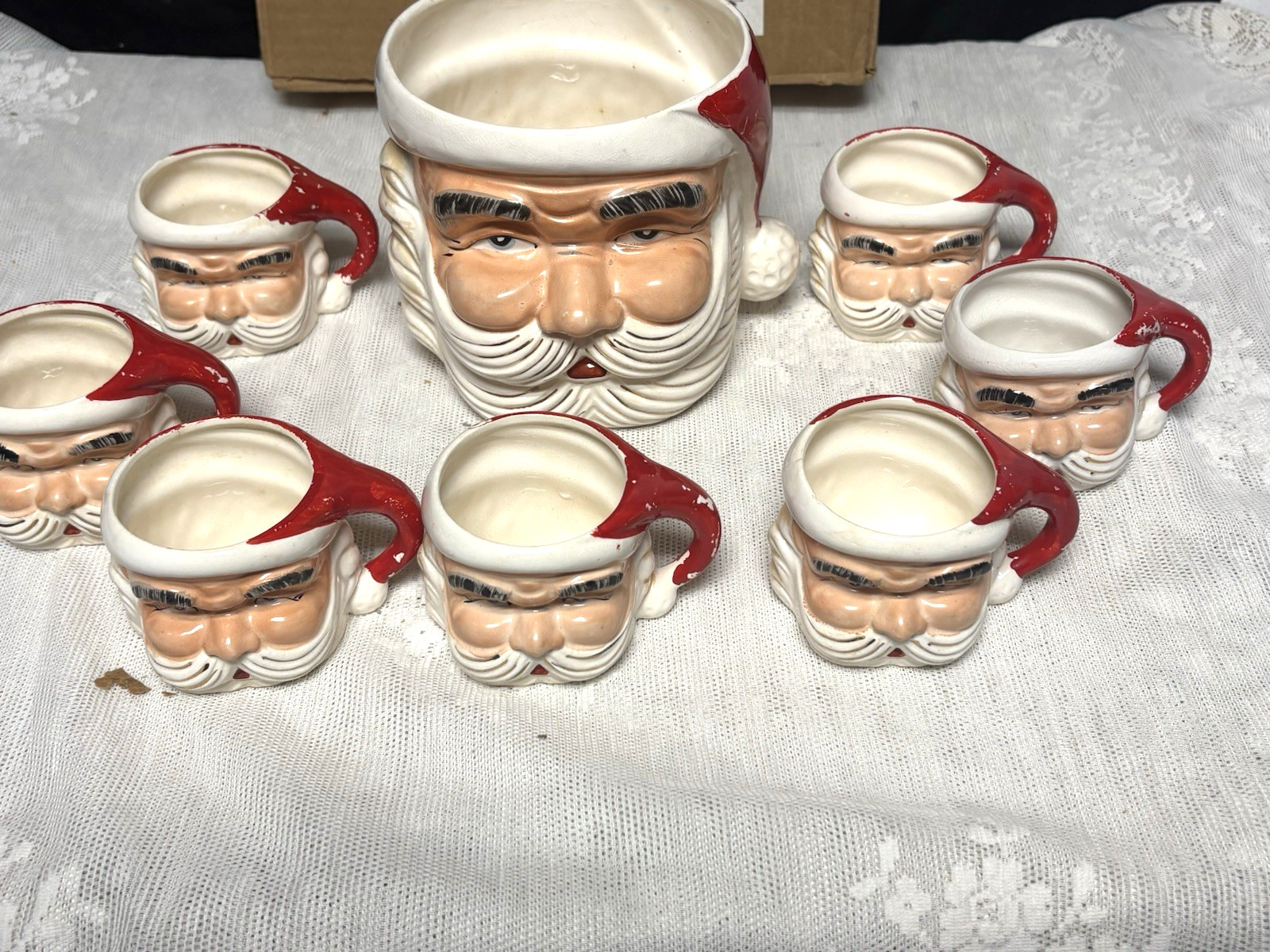 Vtg Ceramic Santa Claus Punch Bowl Set MCM Christmas Mugs Eggnog Story Box 8 Pc