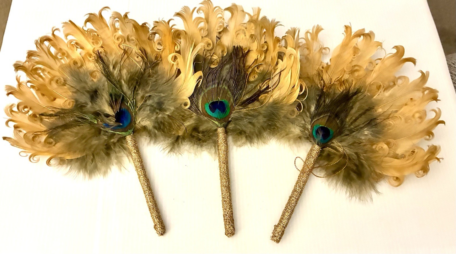 3-Vintage Peacock Feather Fan 7.5” Diameter Fan Shape Wrapped Wood Handle Read