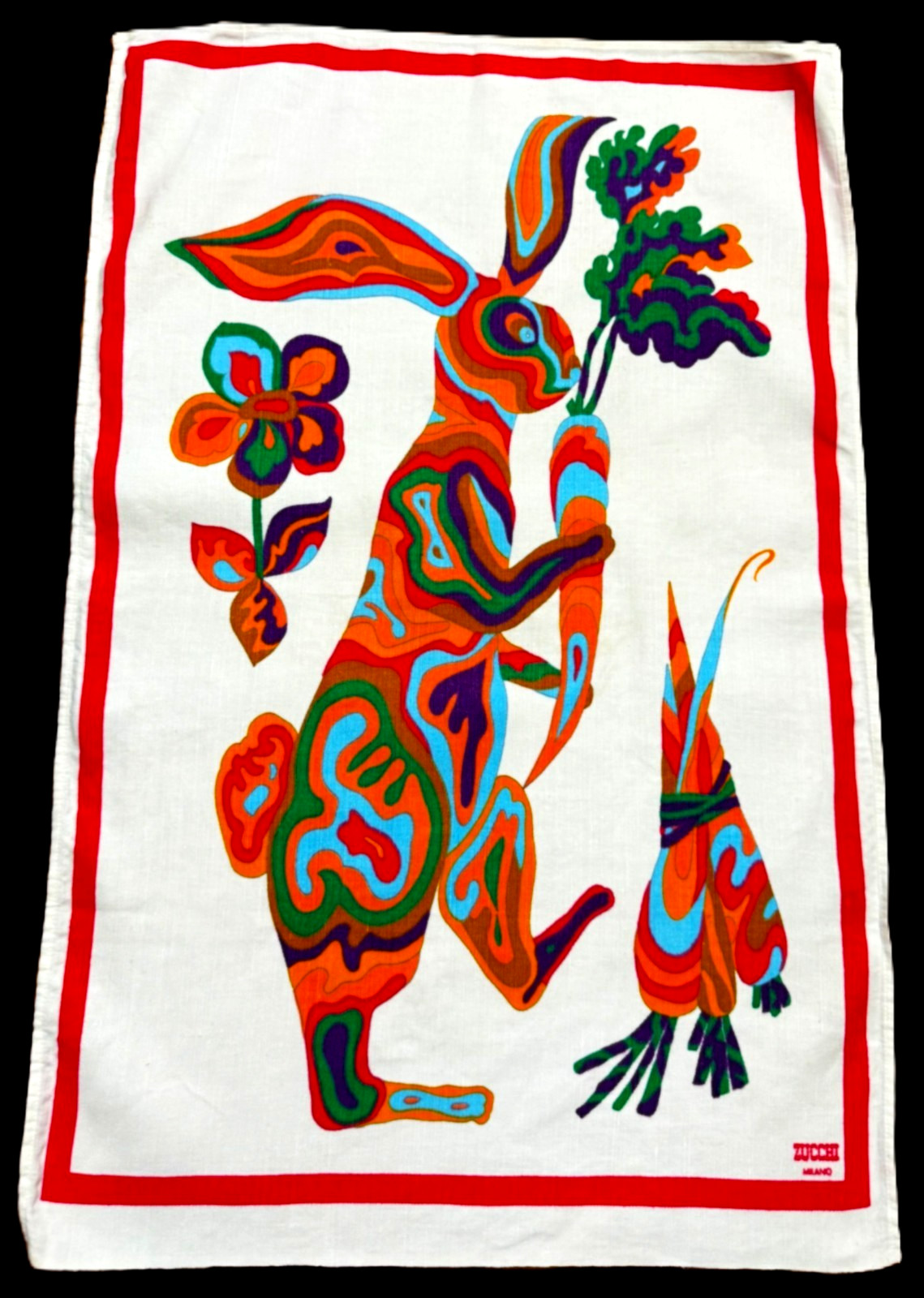 ZUCCHI Milano Italian Tea Towel 60s 70s PSYCHEDELIC RABBIT Indanthren