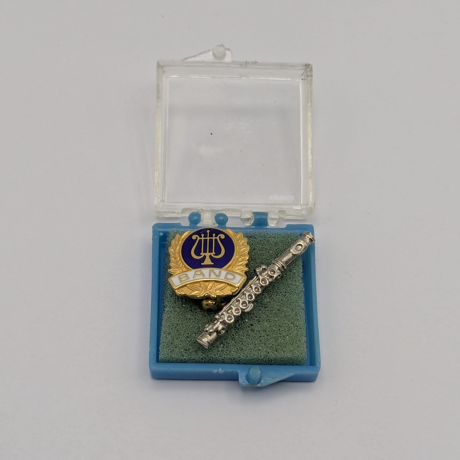 Vintage BAND Music Brooch Pin Miniature Flute Taiwan Case Lyre Musical