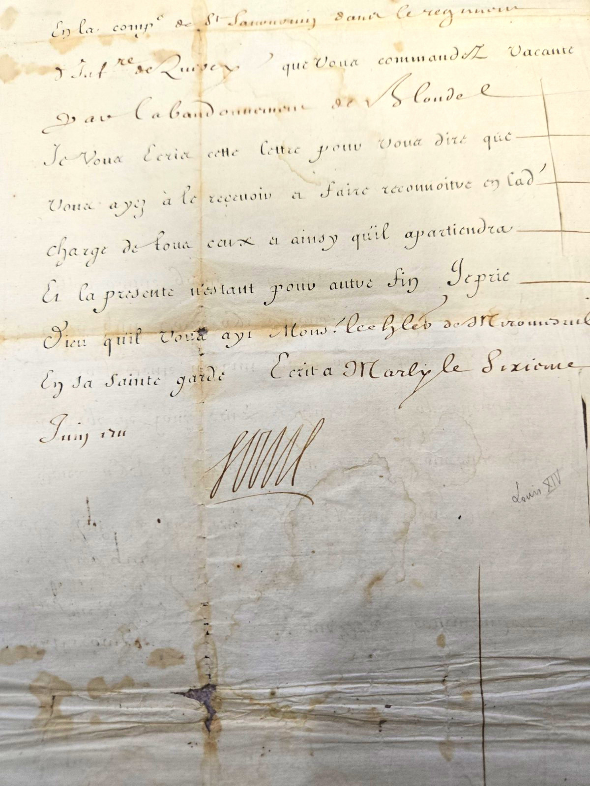 King Louis XIV Handwritten Signed Letter to Chevalier de Mirounesnil, June 1711