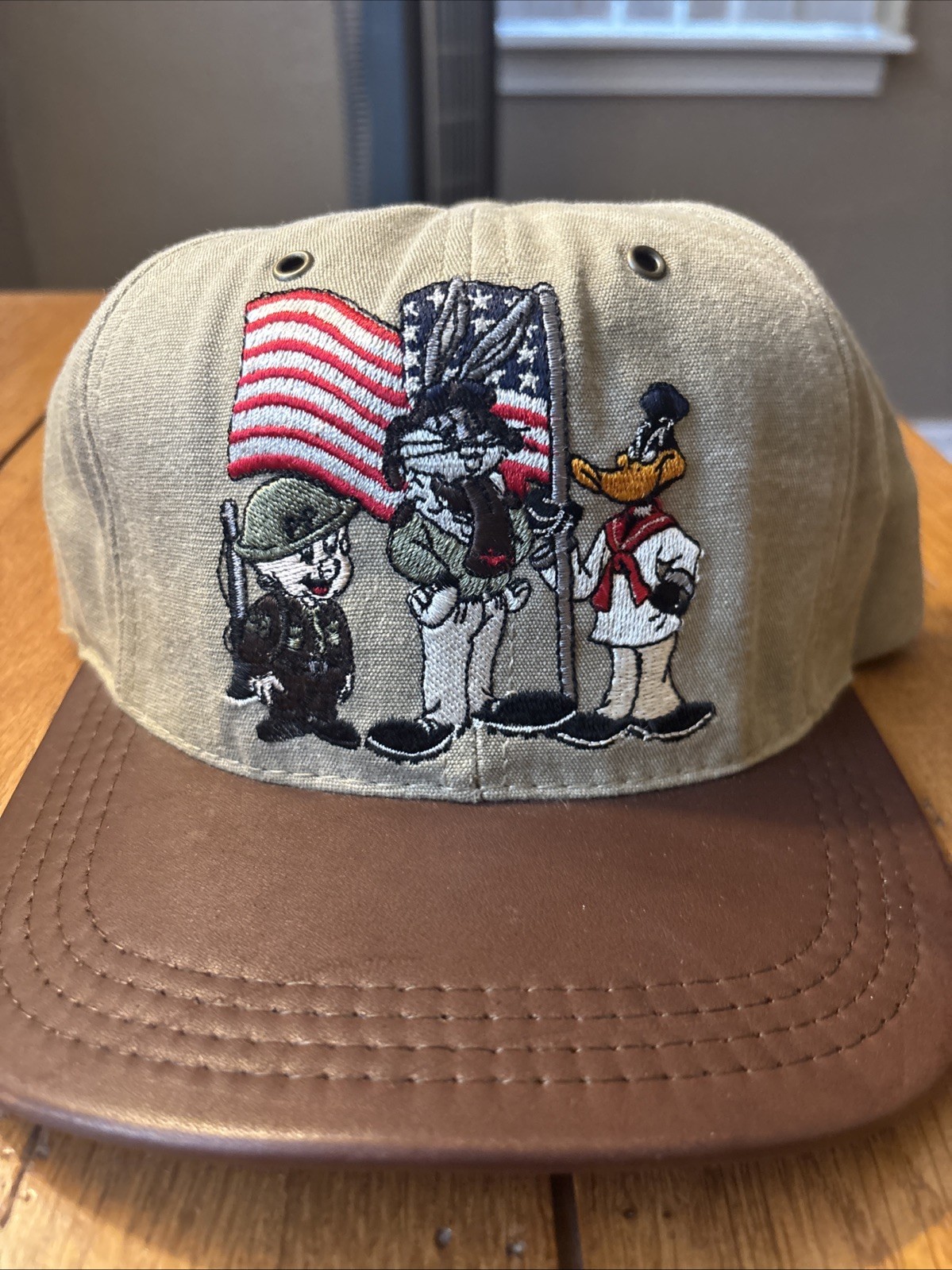 Vintage Looney Tunes Military Snapback Hat Bugs Daffy Elmer 90s Leather Bill New