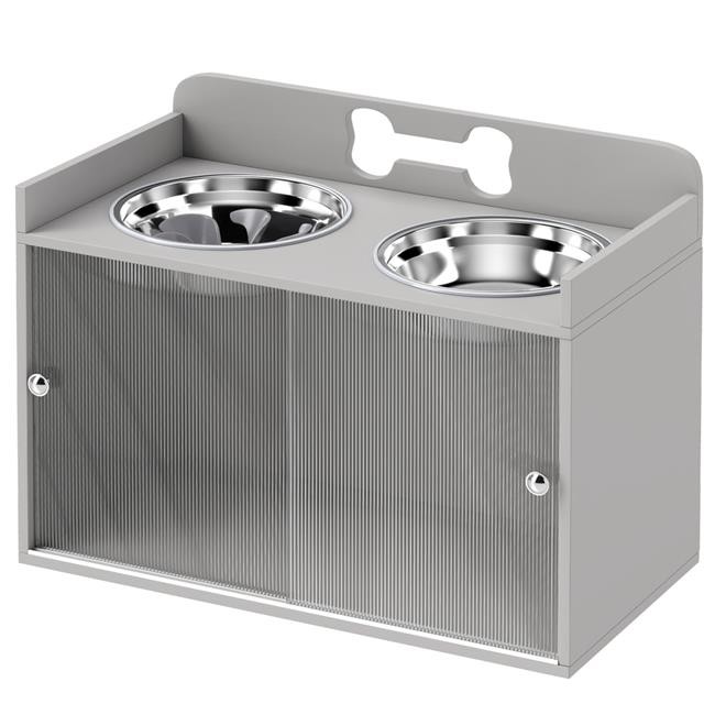 PawHut Elevated Dog Bowls with Storage - Raised Dog Bowl Stand with 2 Stainle...