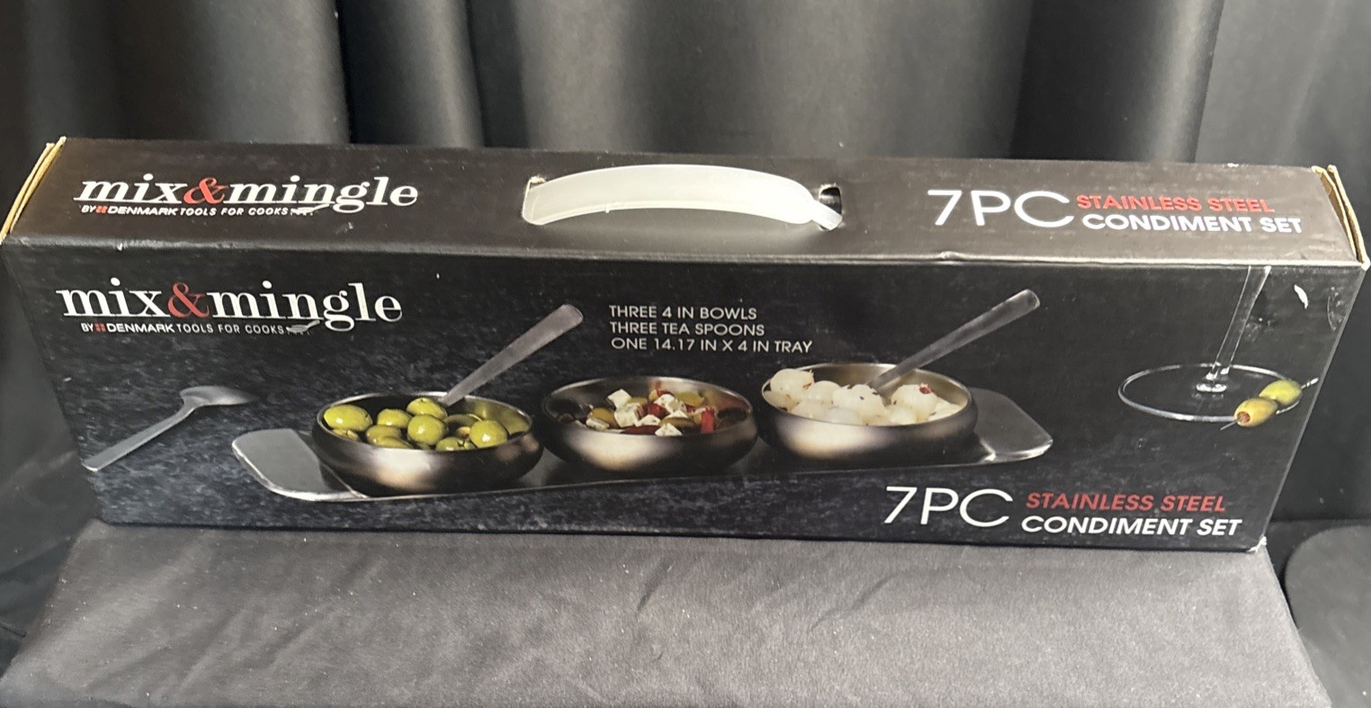 NIB Mix & Mingle 7pc. Stainless Steel Condiment Set, Tray, Bowls And Spoons NIB Mix & Mingle 7pc. Stainless Steel Condiment Set, Tray, Bowls And Spoons