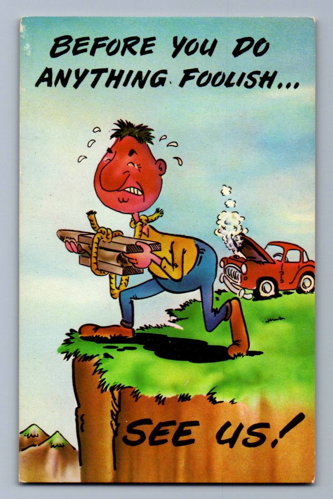 C.1970 DARK MORBID SUICIDE HUMOR, Anvil, Car Broke Postcard P1
