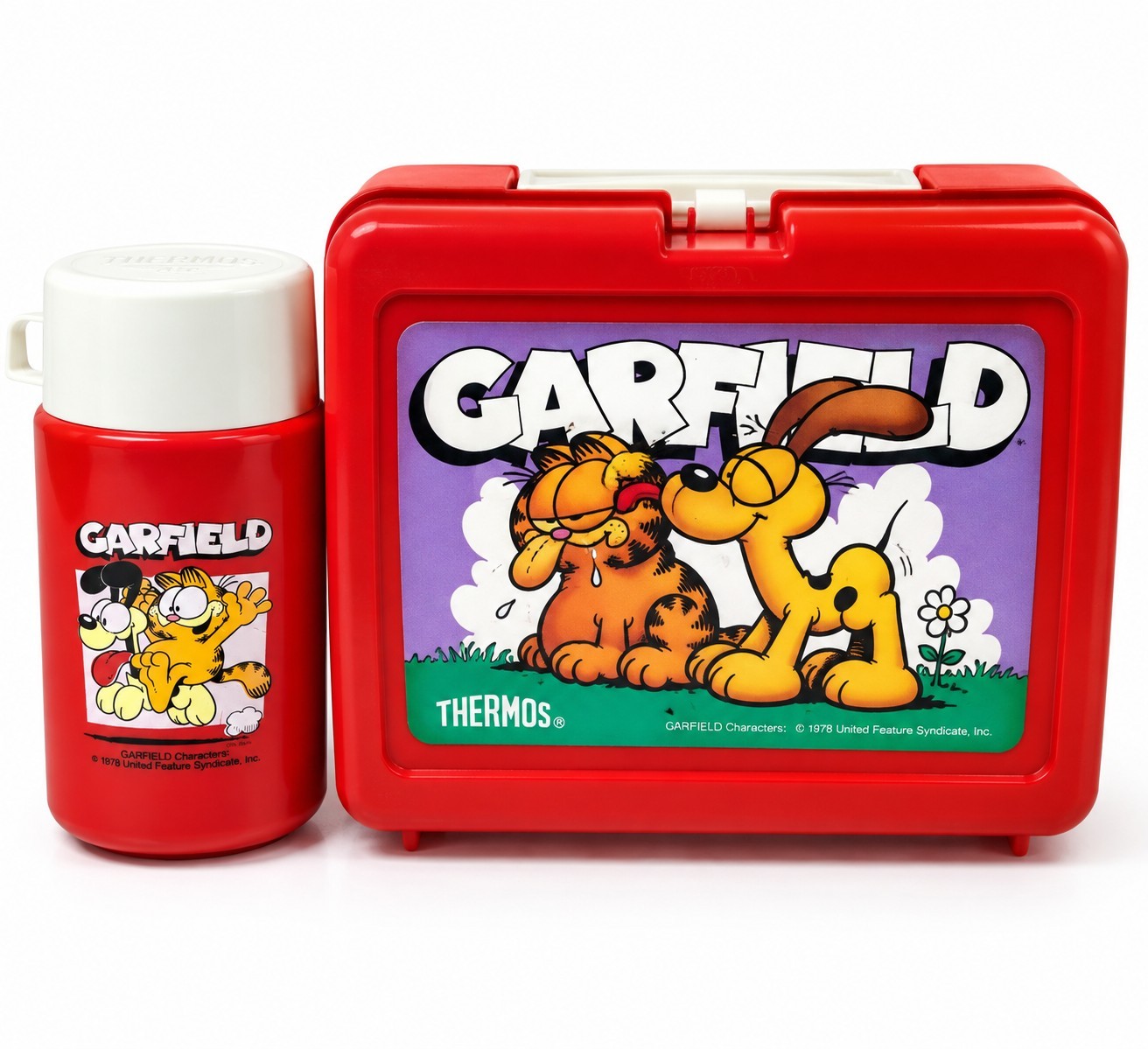 Vintage 1978 Garfield Odie Thermos Lunch Box Set Bottle Cup Red USA Complete