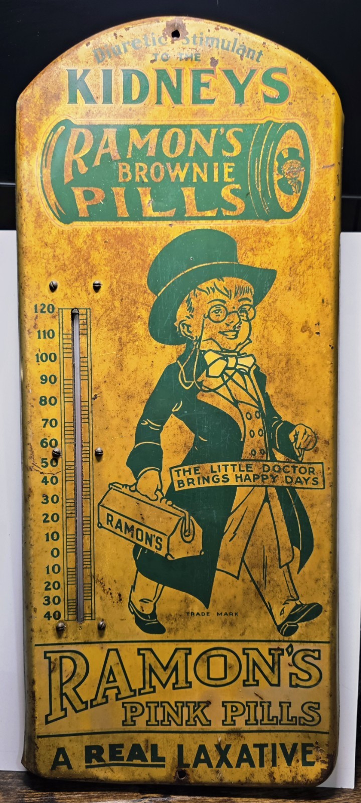 Vintage Ramon's Brownie Pills Metal Advertising Thermometer Kidney Remedy Sign