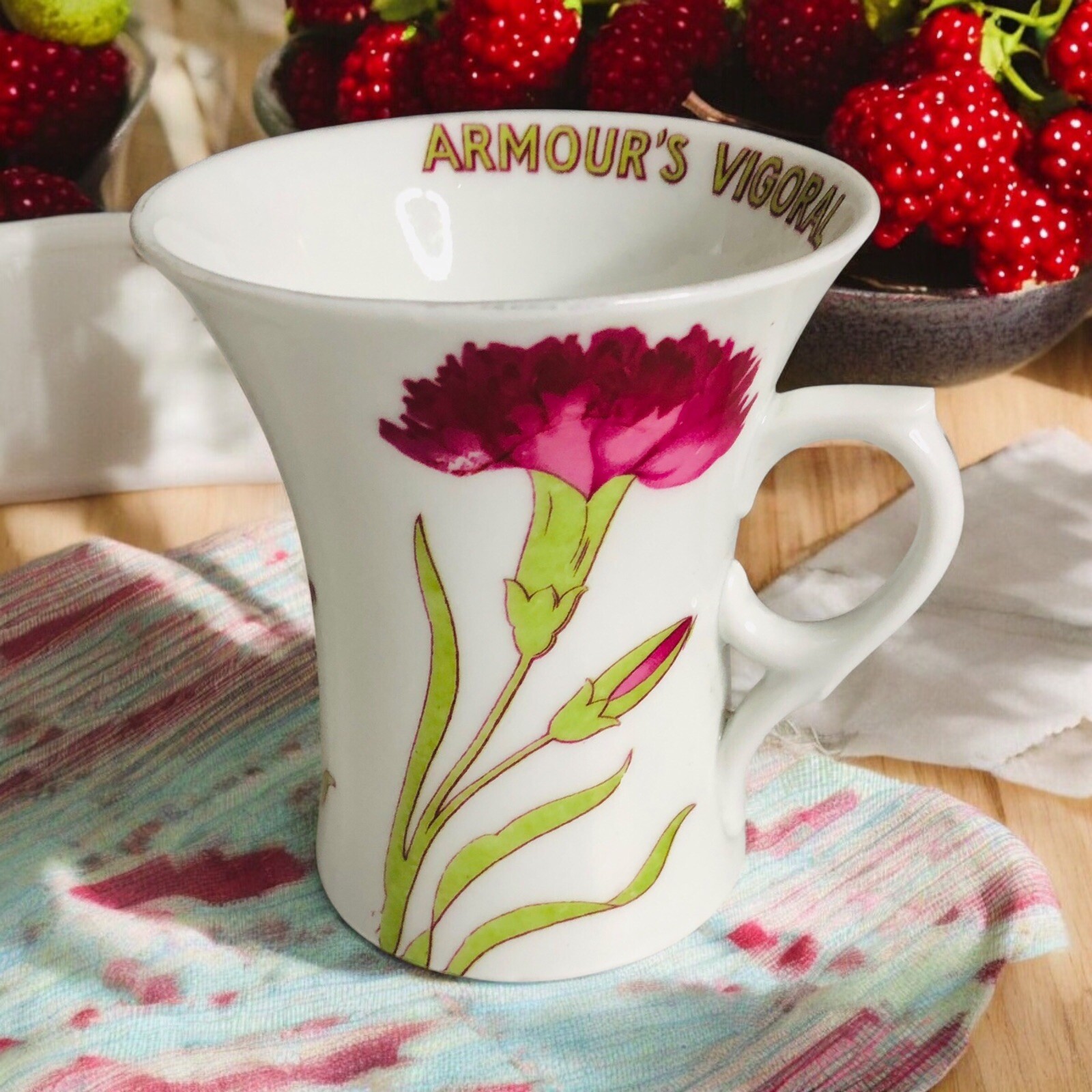 Vintage Armour\'s Vigoral Bouillon Advertising Porcelain Floral Tea Cups Set of 2