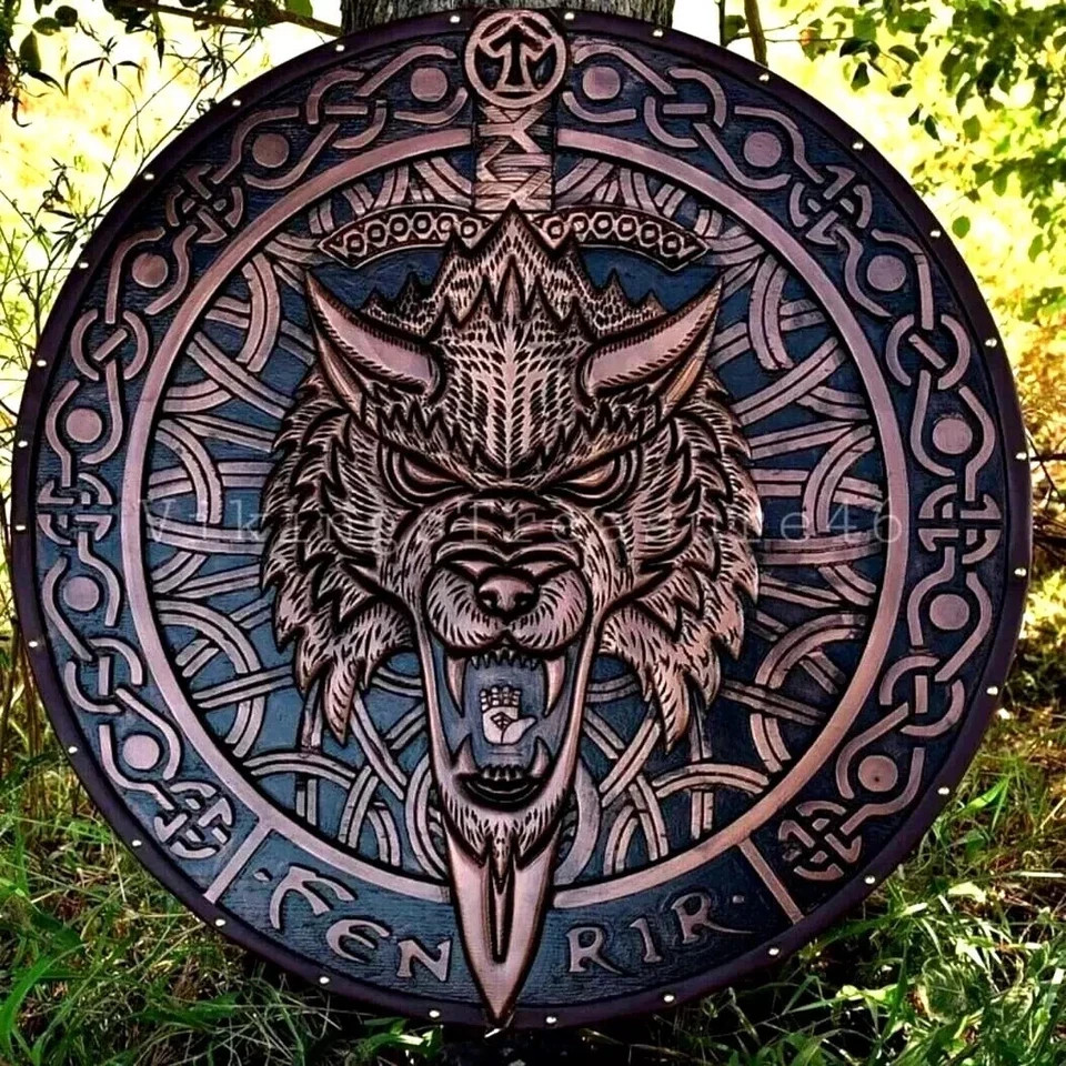 24'' Fenrir Wolf Carved Wooden Viking Shield Battle-Worn Shield Wall Décor