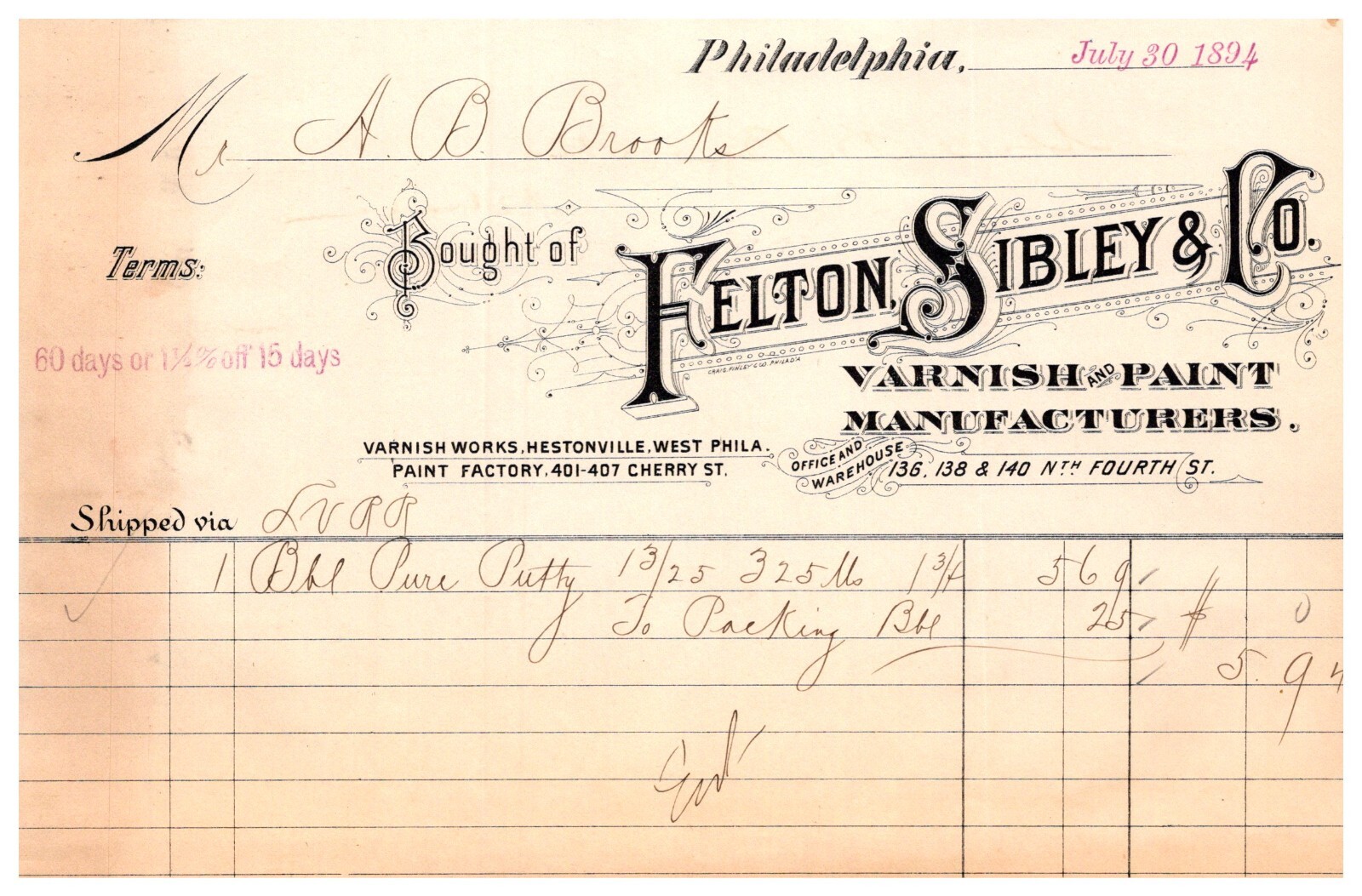 Antique 1894 receipt Felton Sibley & Co Varnish Paint Philadelphia Pennsylvania Antique 1894 receipt Felton Sibley & Co Varnish Paint Philadelphia Pennsylvania