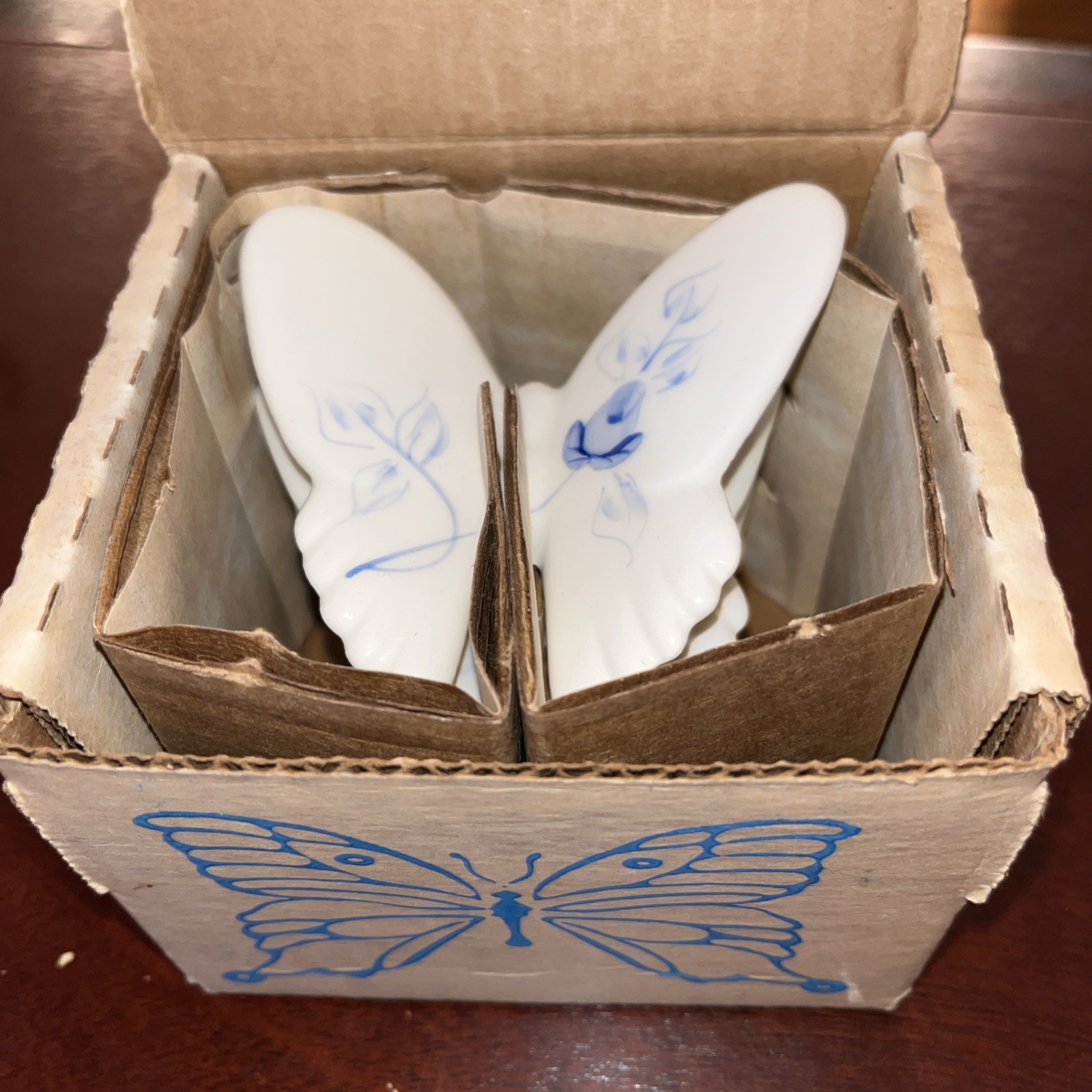 3 New Vintage Hand Painted Blue Rose Butterflies w/Box Homco USA Porcelain Wall