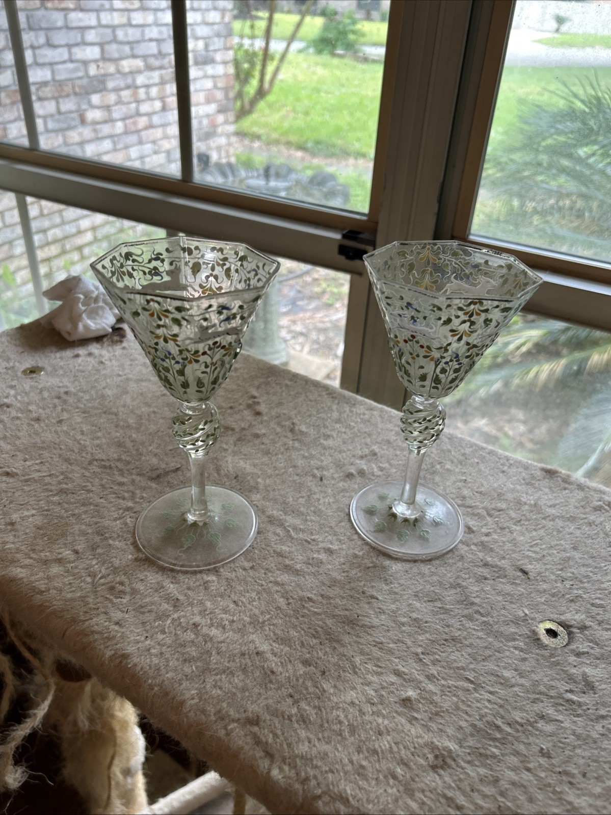 2 Wine Stems Moser Salvati Canine & Foliate Glass c1900\'s Antique A