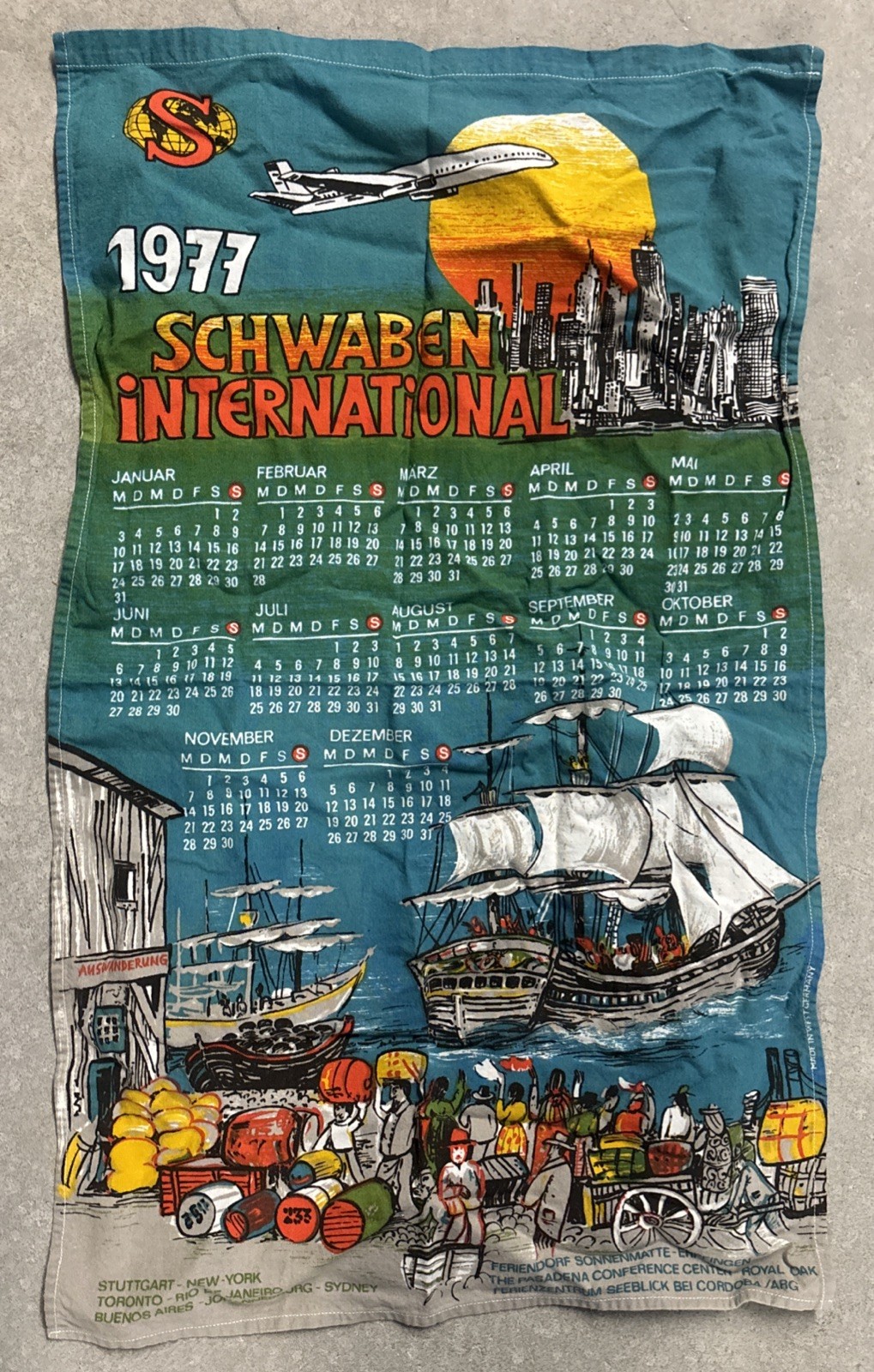 Vintage 1977 Schwaben International Calendar Tea Towel Concorde Travel 25x15