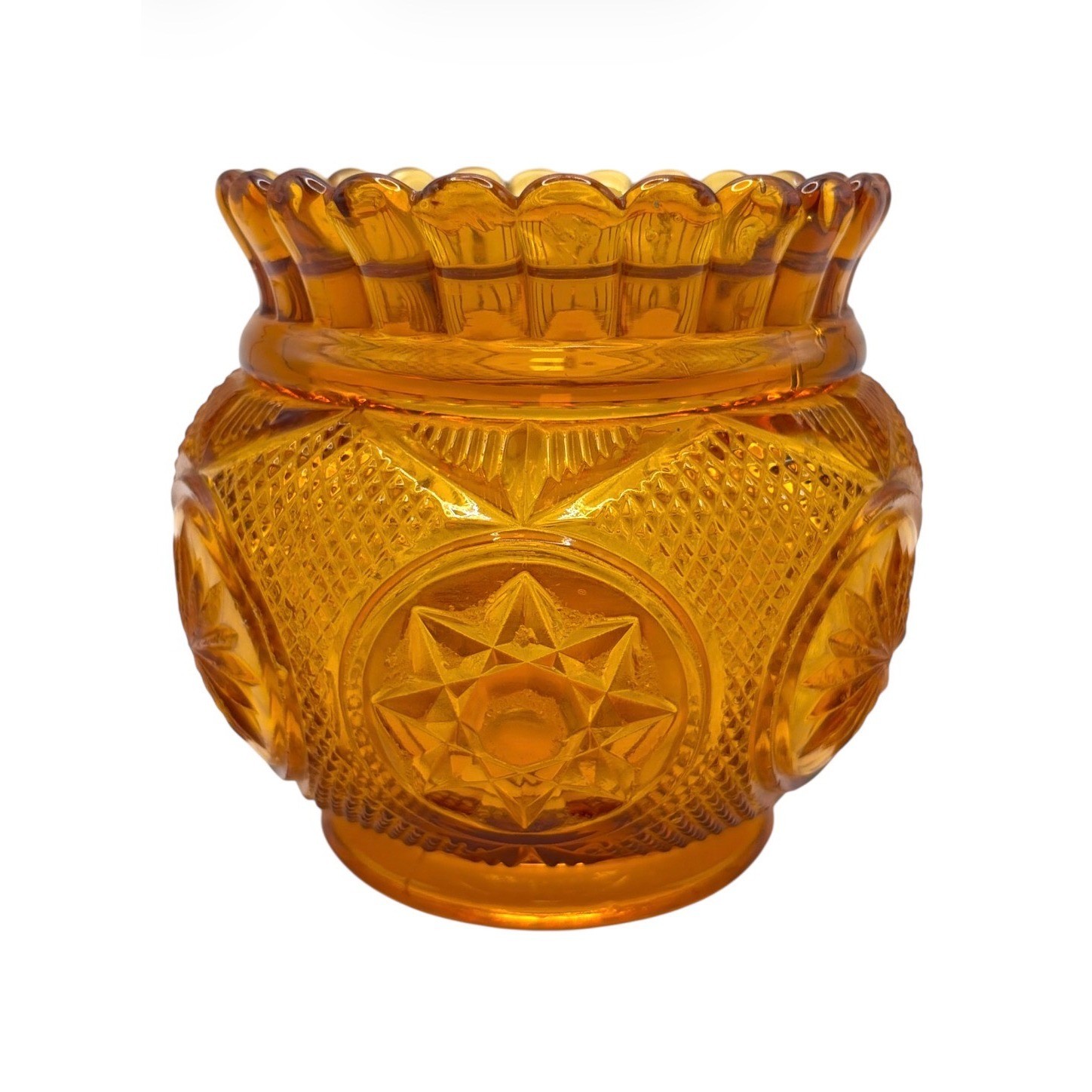 EAPG Amber Glass Vase Candle Holder Star Medallion Scallop Rim Celestial 4.5
