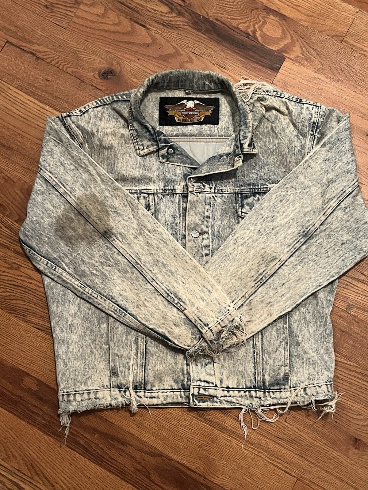 Harley-Davidson Acid Wash Denim Jacket Frayed Hem Righteous Rider