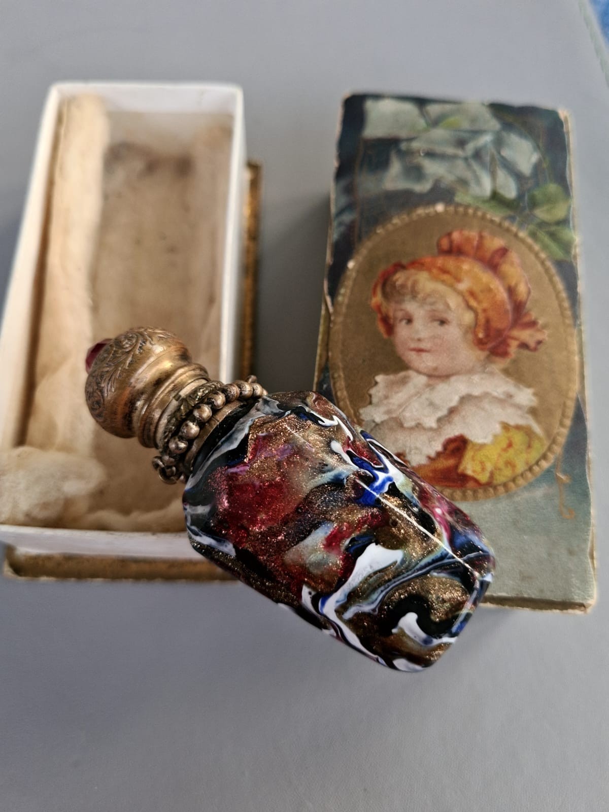 Antique Venetian  glass Perfume Bottle With Original Box And Stopper.