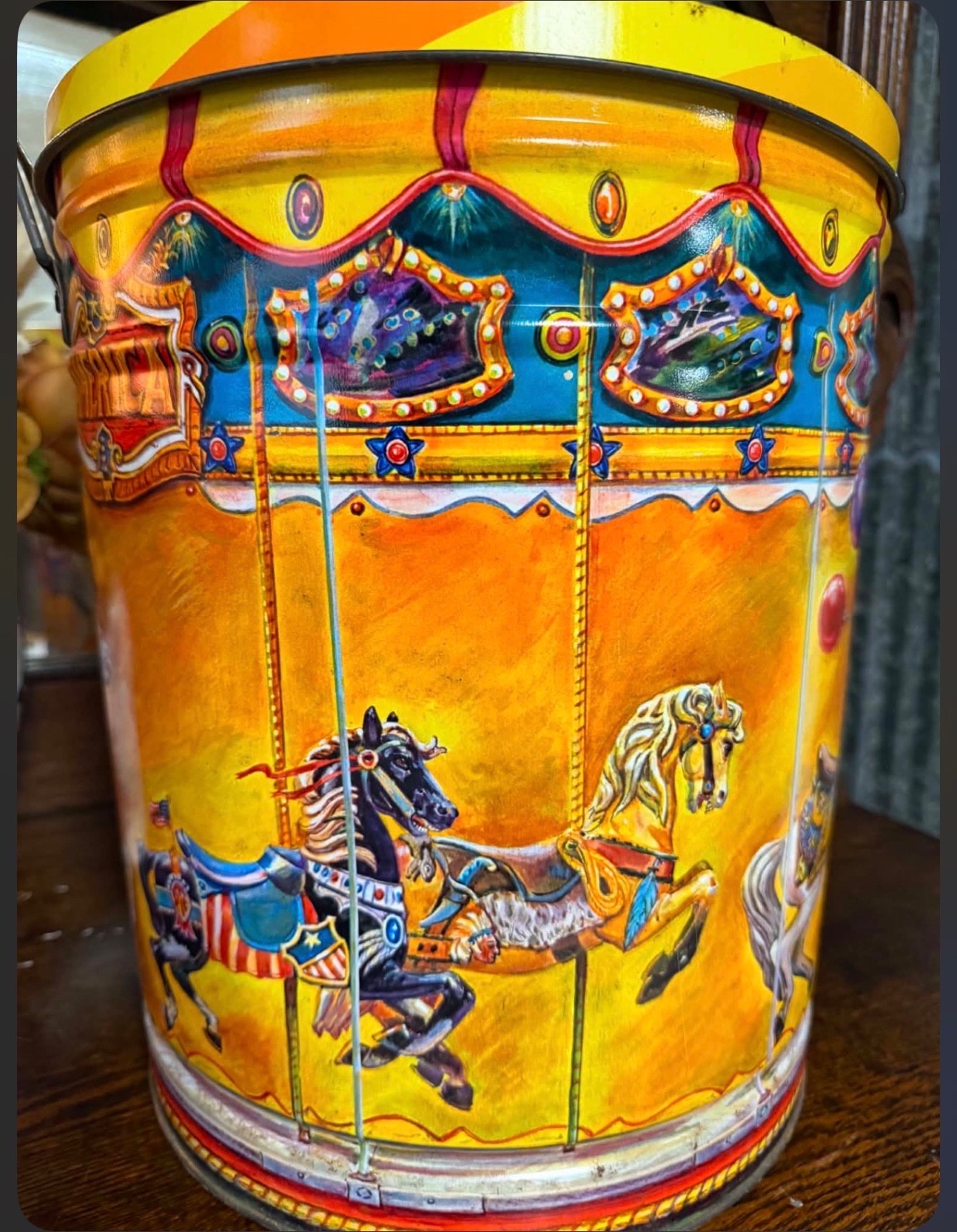 Vintage 80s Mari Pritchard Collectors Carousel Tin Bertels Can Circus Carnival