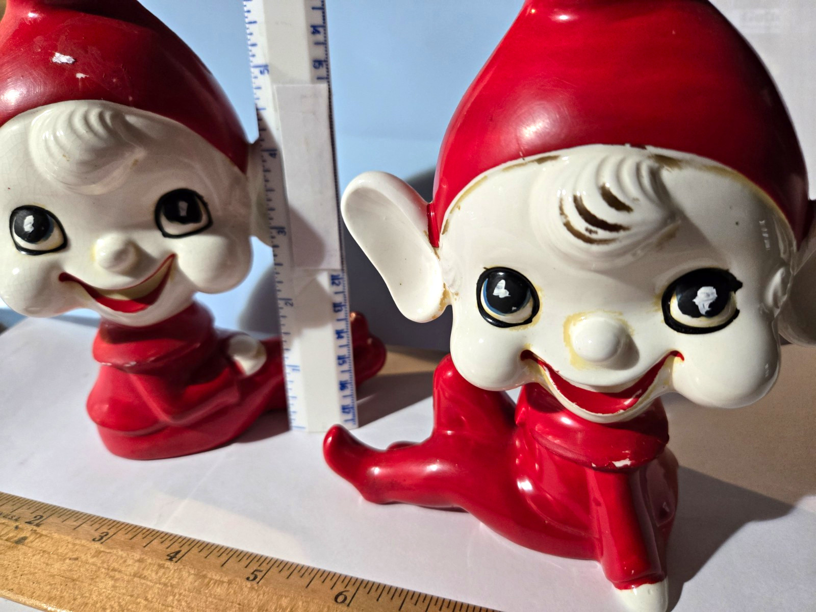 Vintage Large Holiday Elf Sitting legs outstretched Set Hand Painted Ceramic 2pc