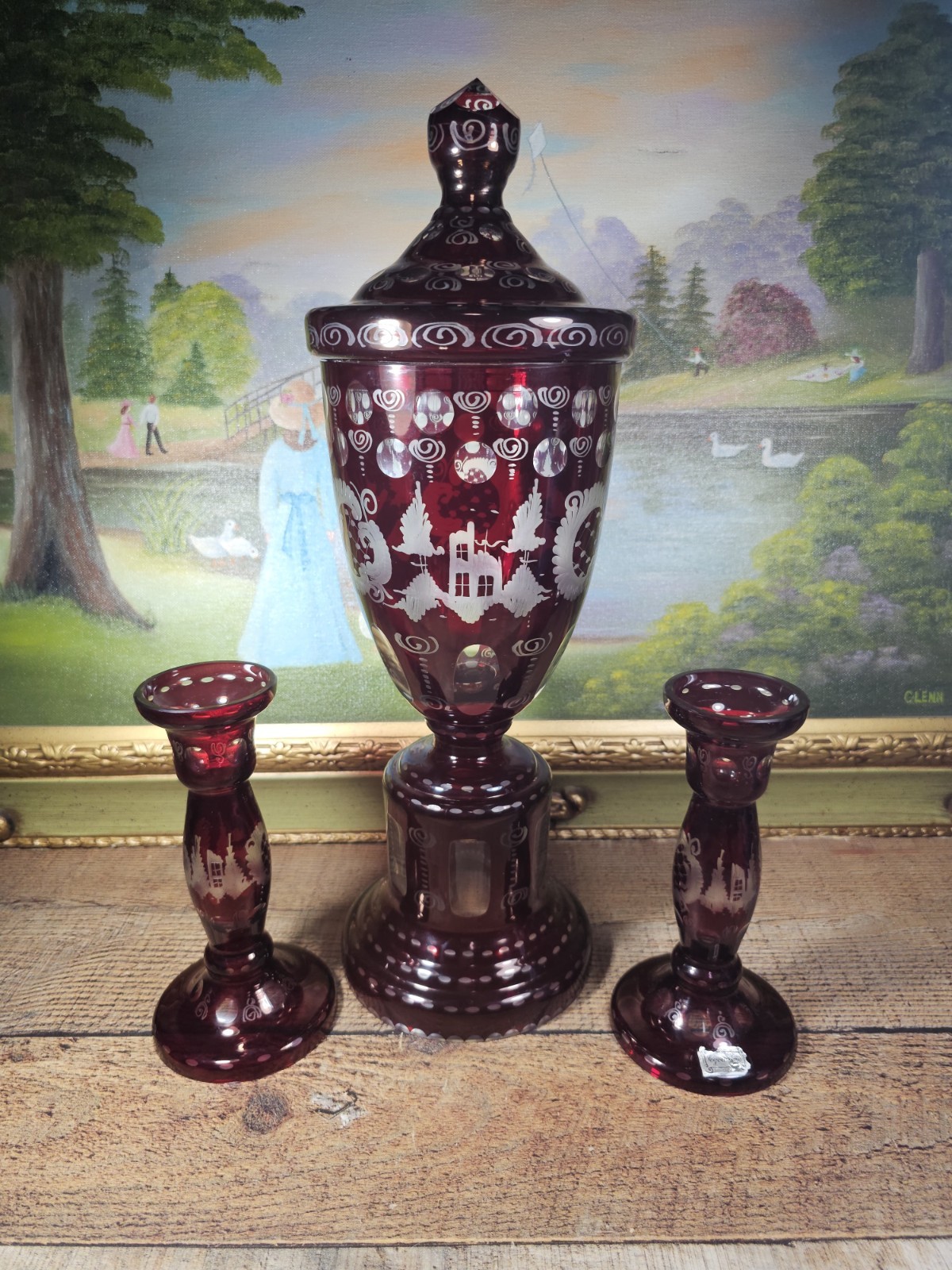 VTG Egermann Czech Mantel Urn W/ Lid & 2 Candle Stick Red Cut To Clear Set