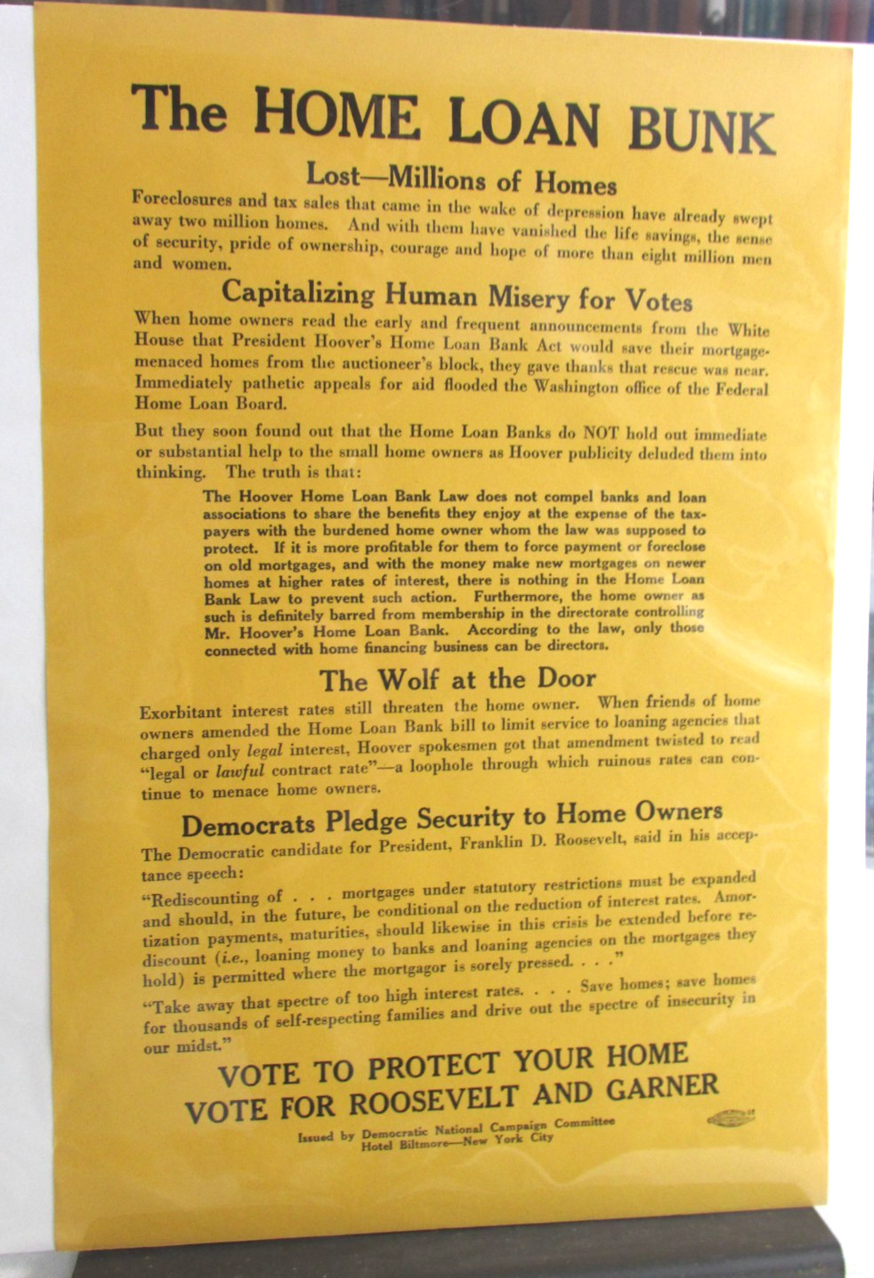 1932 FRANKLIN ROOSEVELT GARNER Campaign Broadside Vote To Protect Your Home Vote