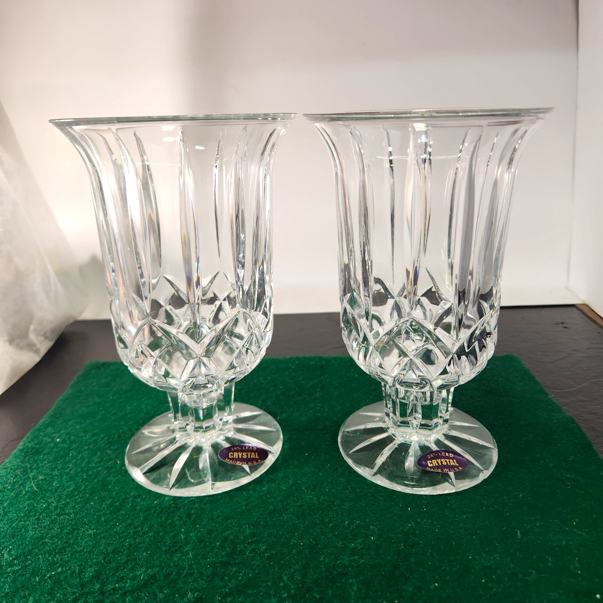 Pair Vintage DePlomb 24% Lead Crystal Pedestal Vases Made in USA 8\